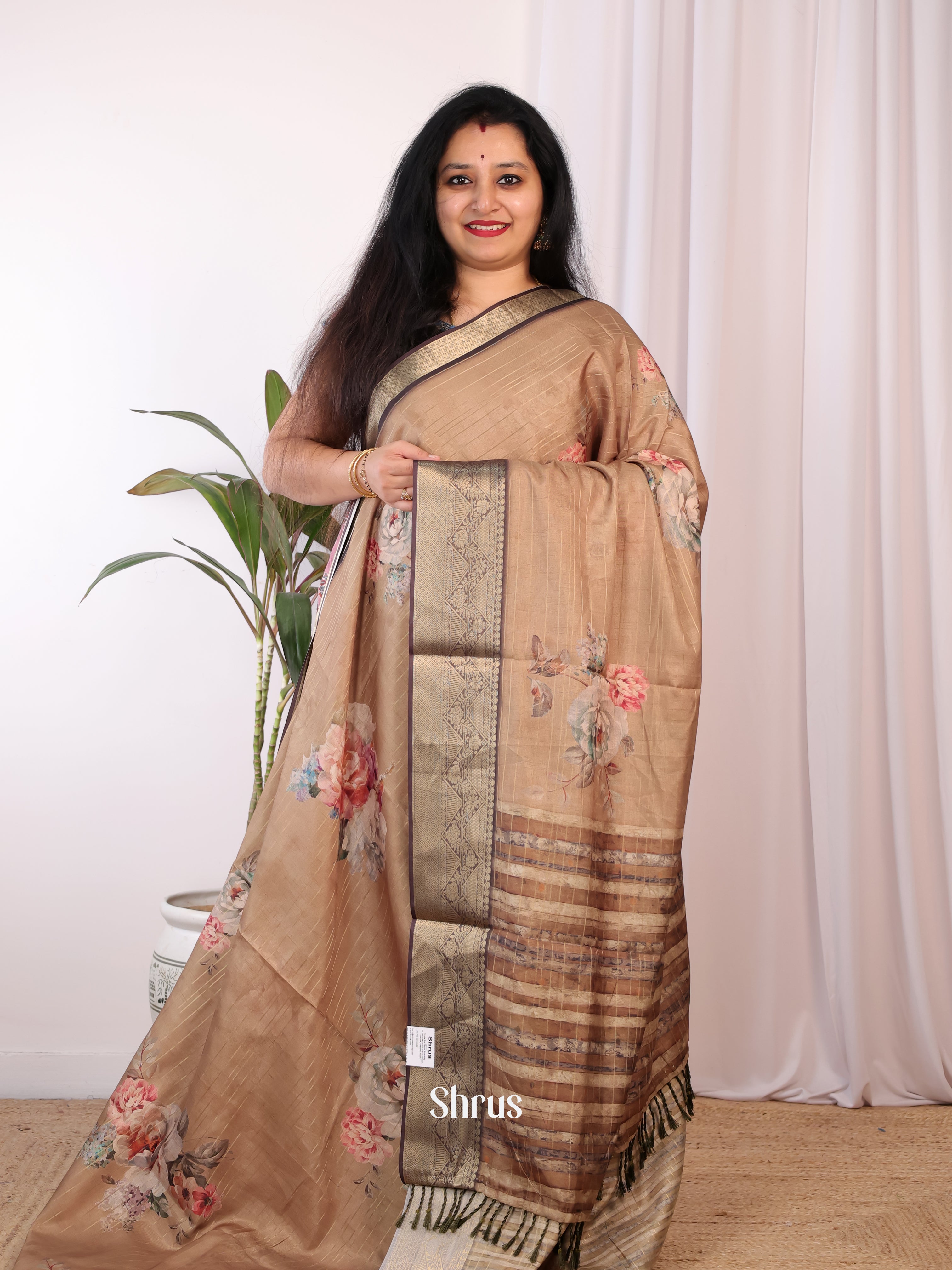 Brown - Semi Chanderi Saree - Shop on Shrus.com