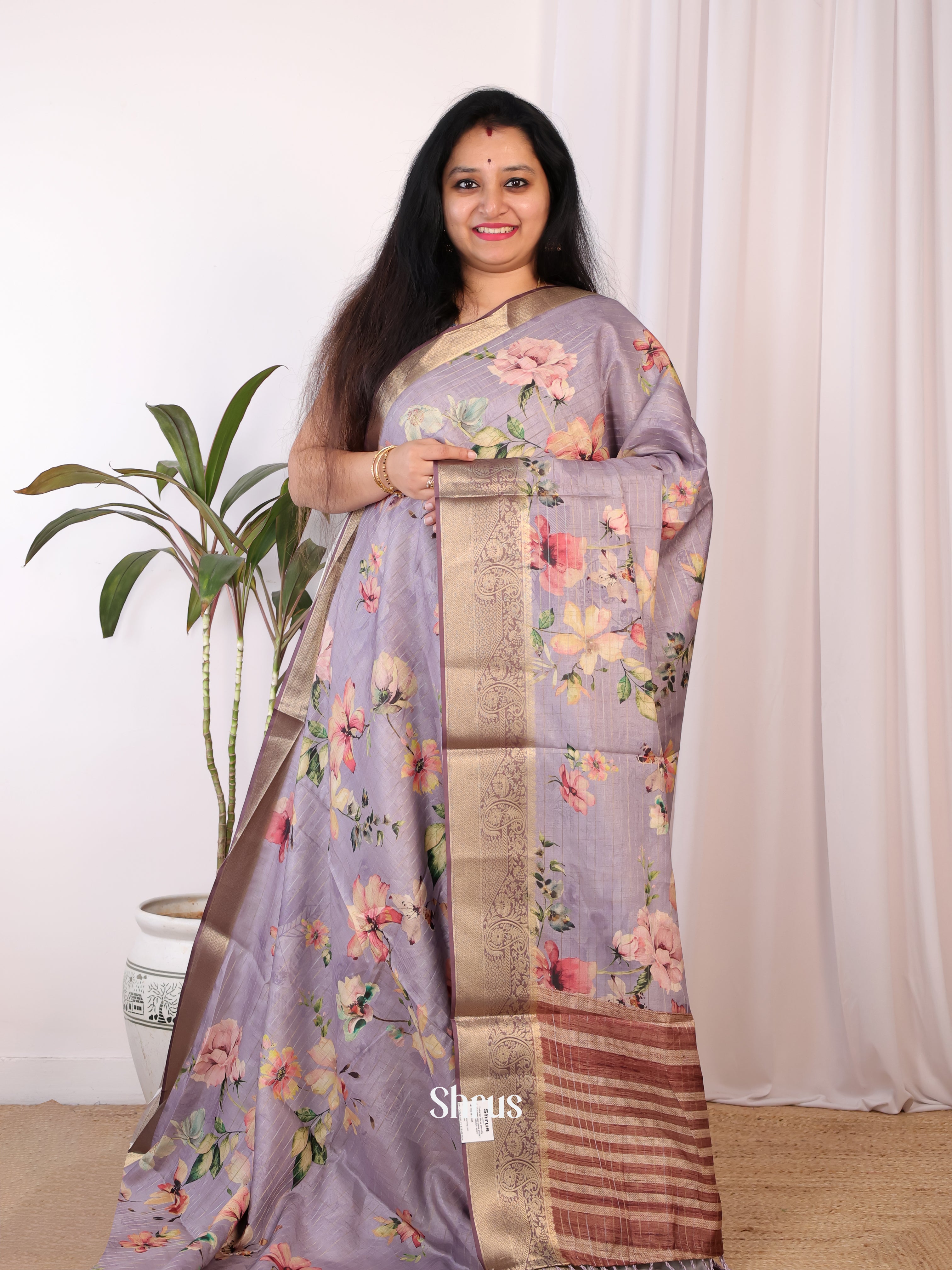 Lavender & Brown - Semi Chanderi Saree - Shop on Shrus.com