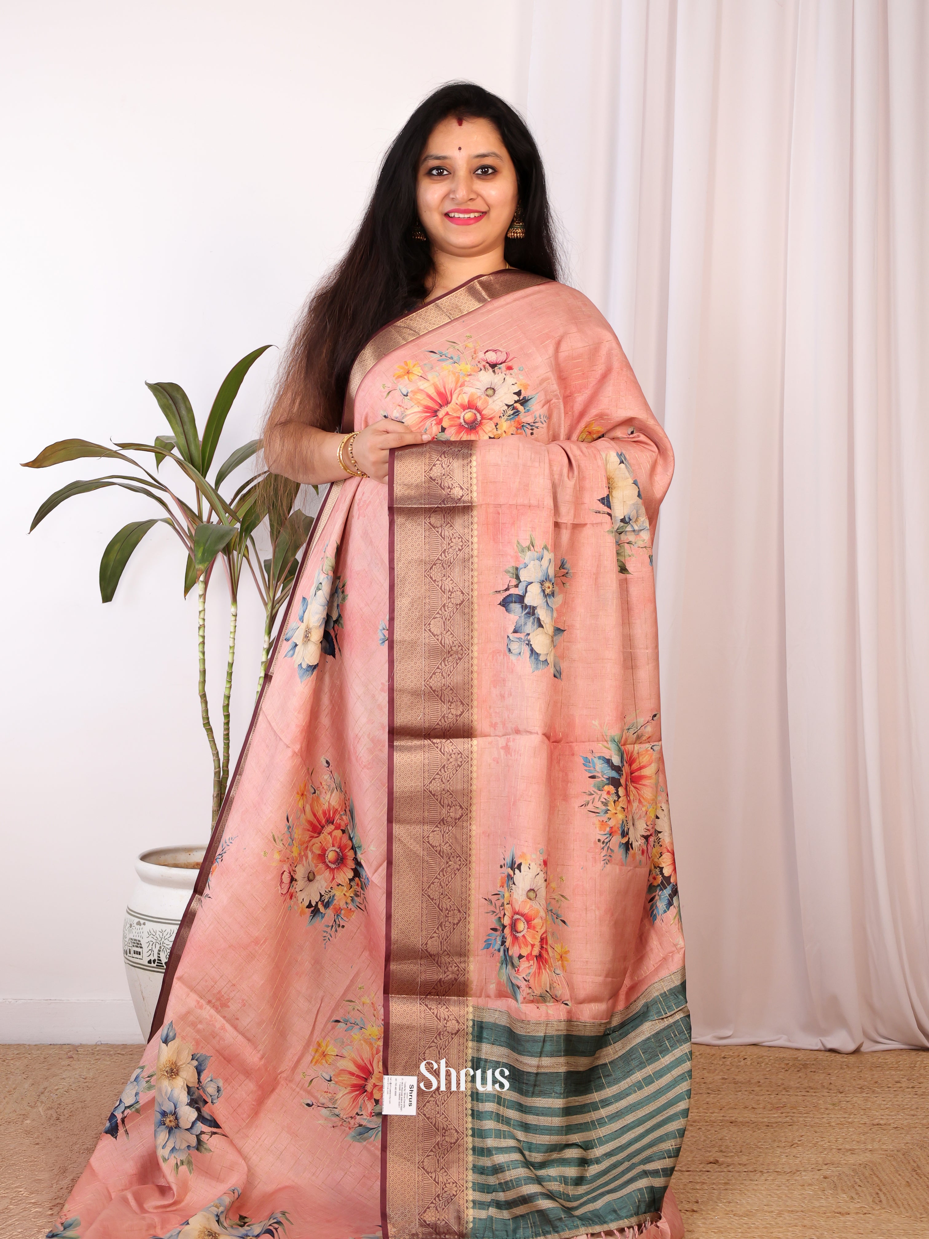 Peach & Maroon - Semi Chanderi Saree - Shop on Shrus.com