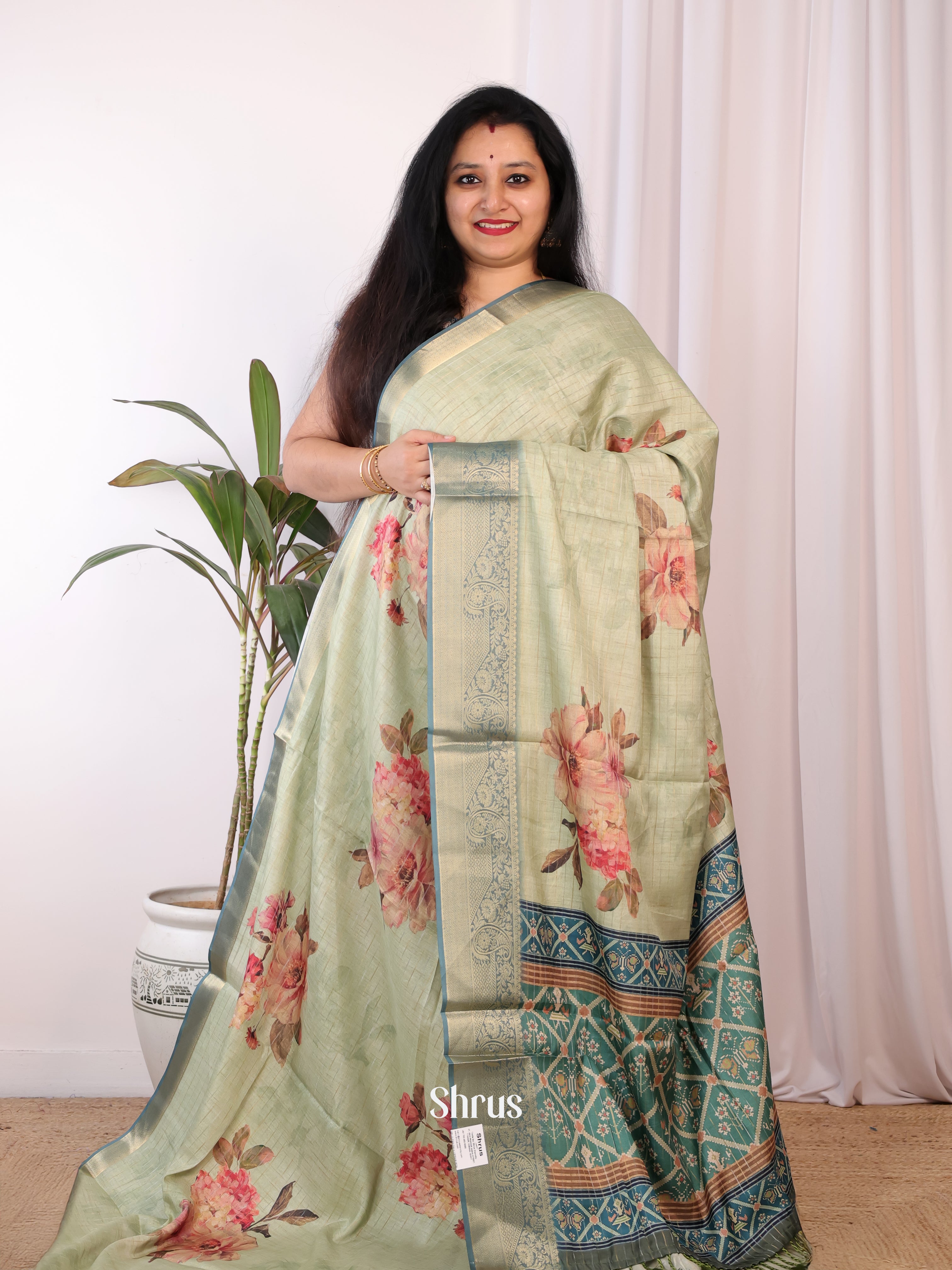 Lite Green - Semi Chanderi Saree - Shop on Shrus.com