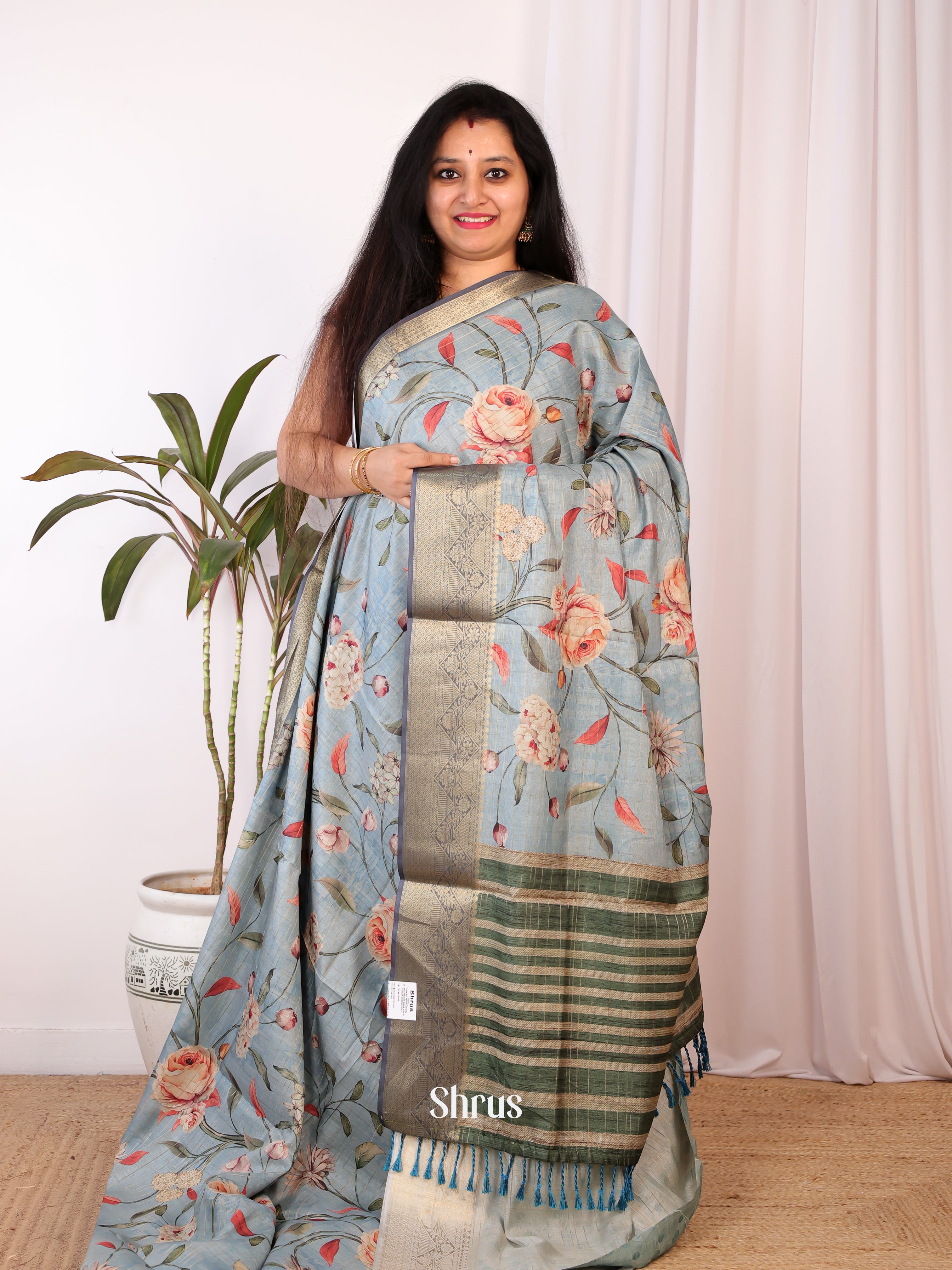 Blue & Green - Semi Chanderi Saree - Shop on Shrus.com