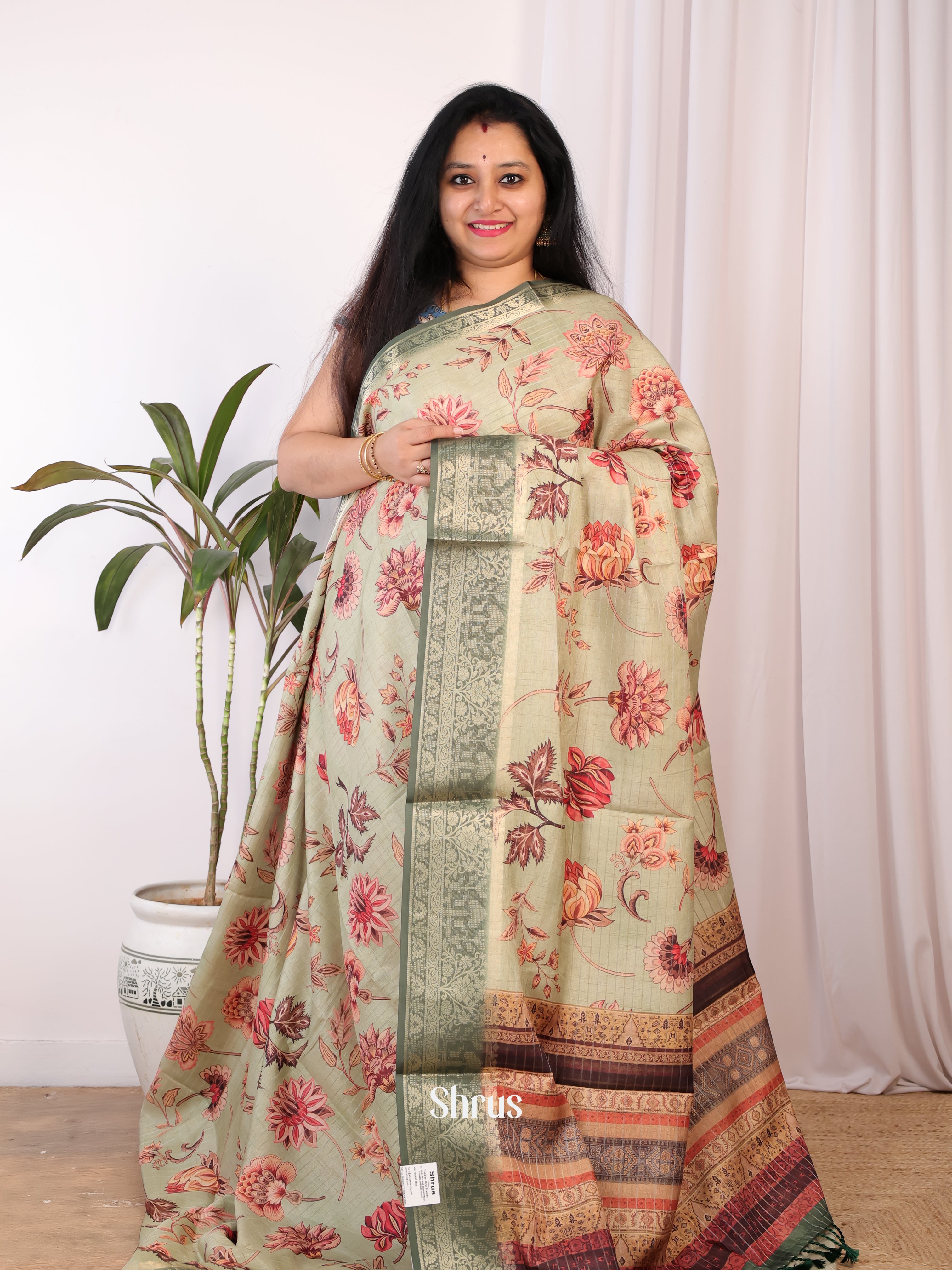 Lite Green - Semi Chanderi Saree - Shop on Shrus.com