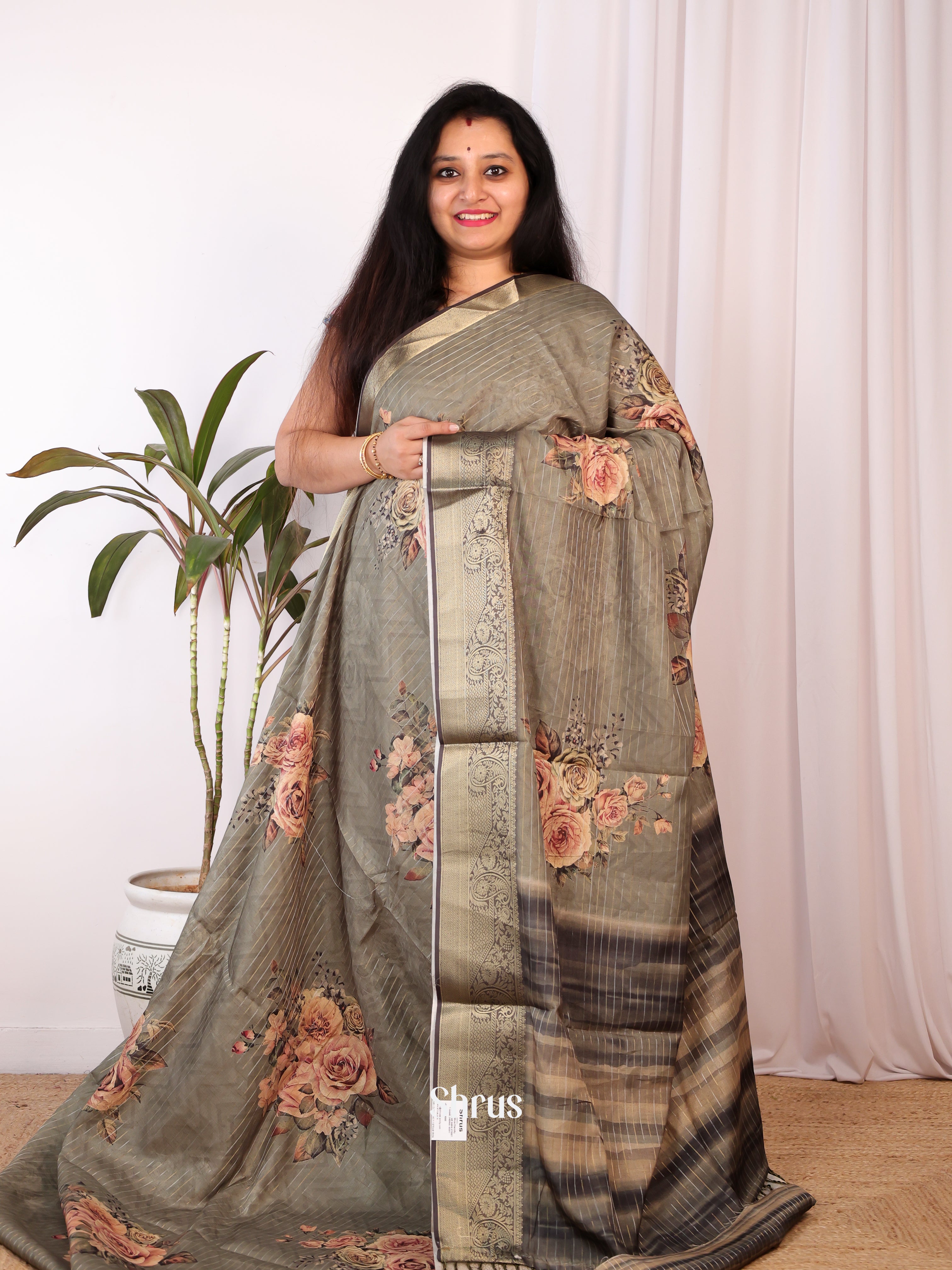 grey - Semi Chanderi Saree - Shop on Shrus.com