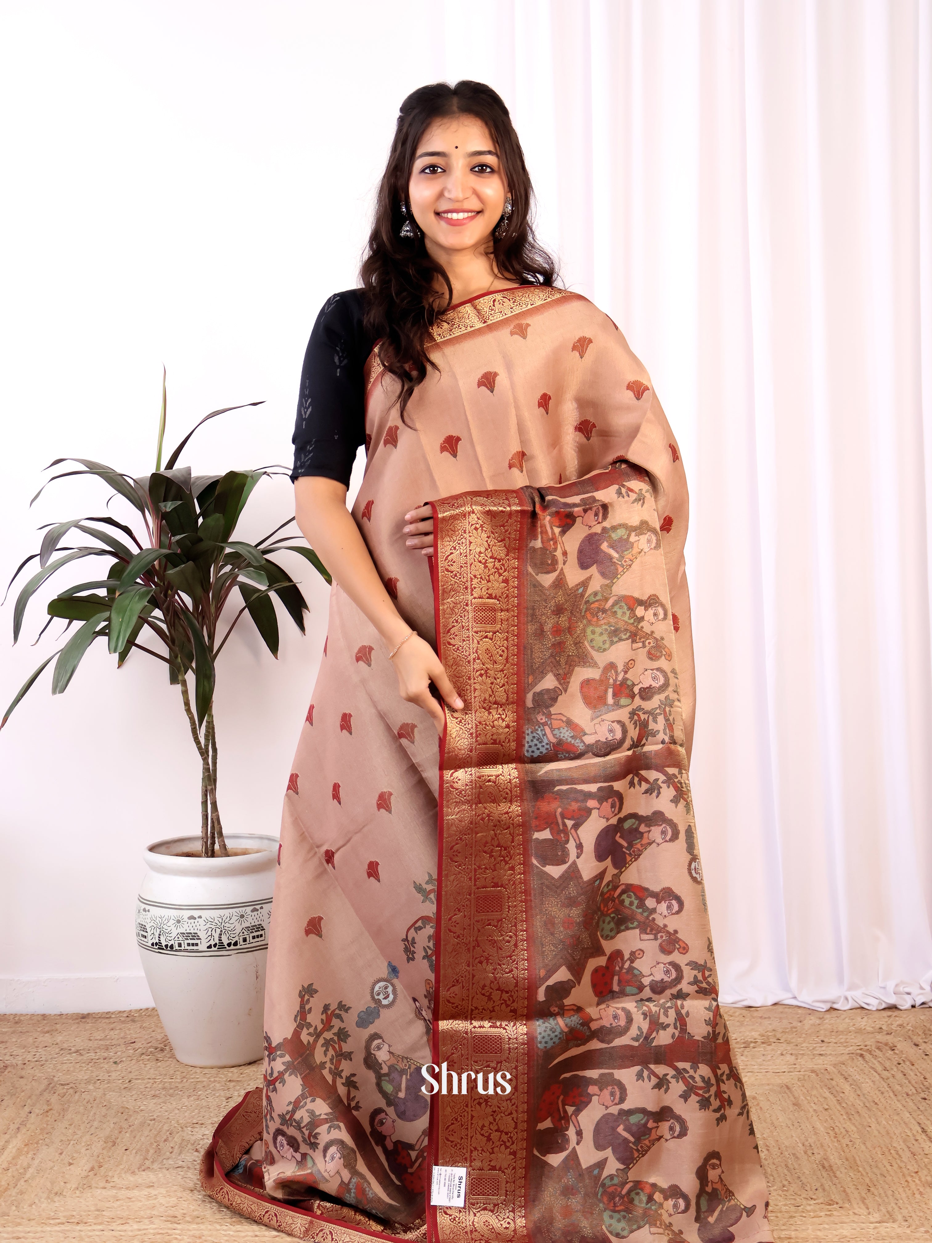 Lite Brown & Brown- Semi Tissue Saree - Shop on Shrus.com