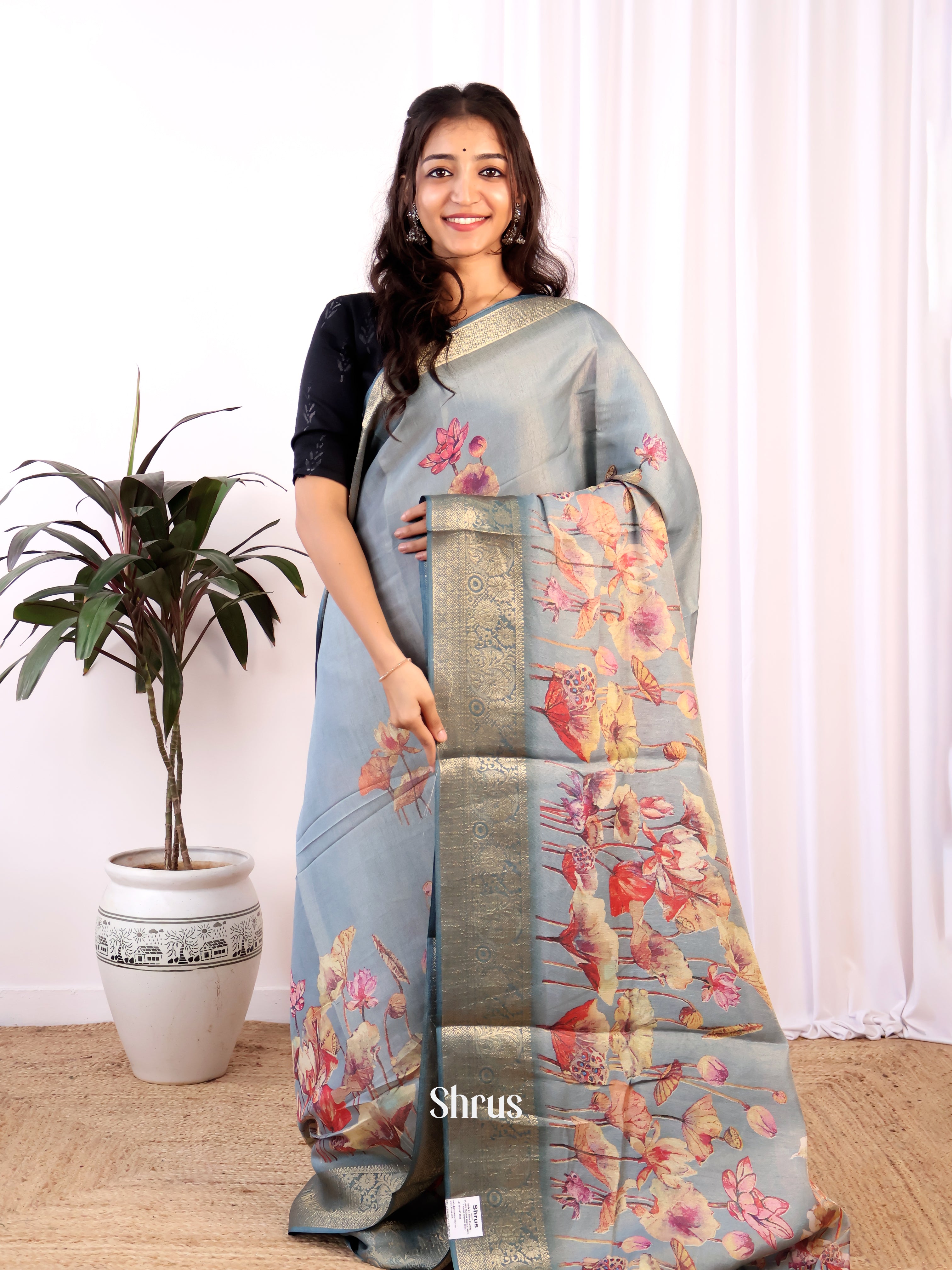 Lite Blue- Semi Tissue Saree - Shop on Shrus.com