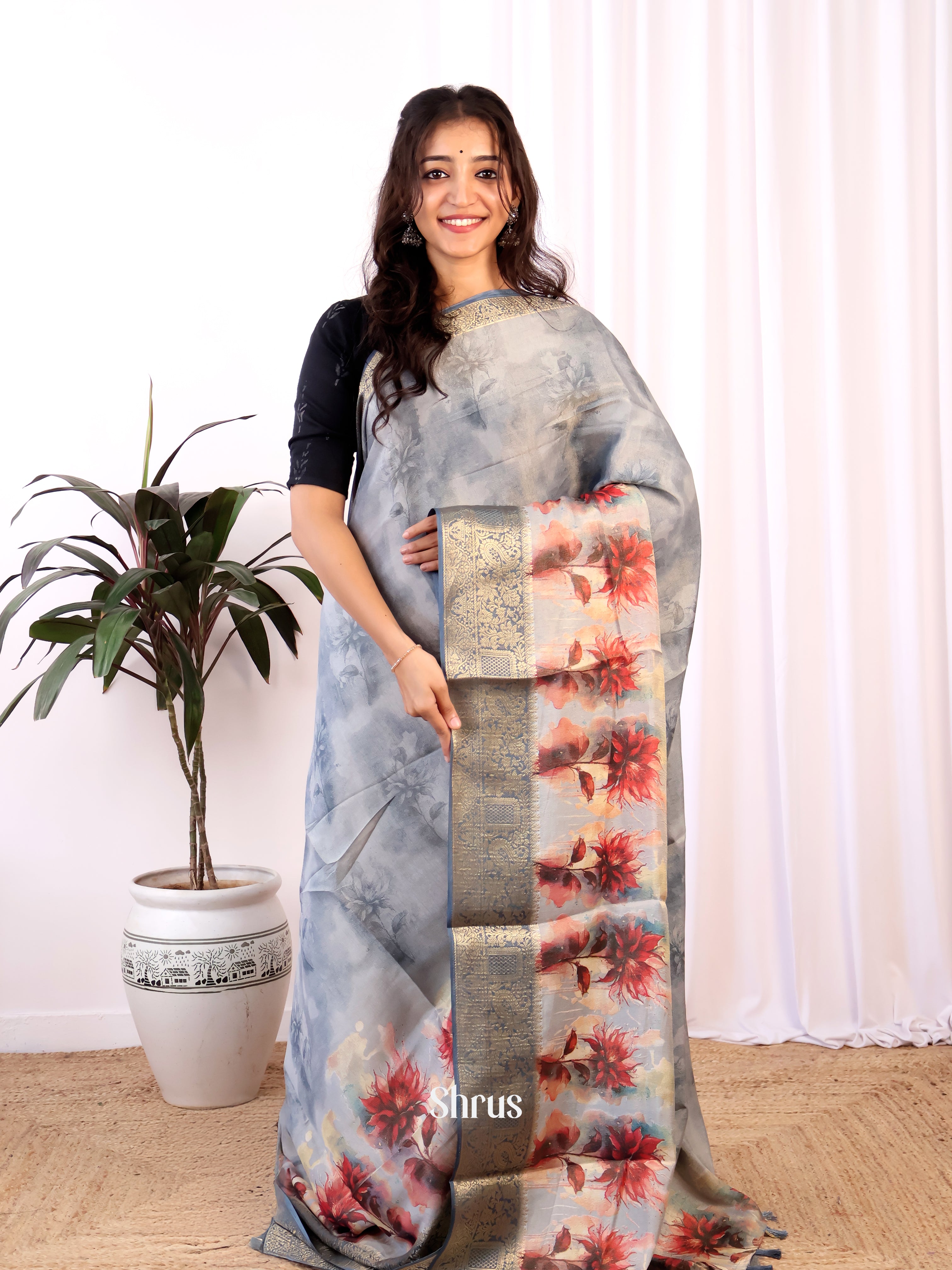 Grey - Semi Tissue Saree - Shop on Shrus.com