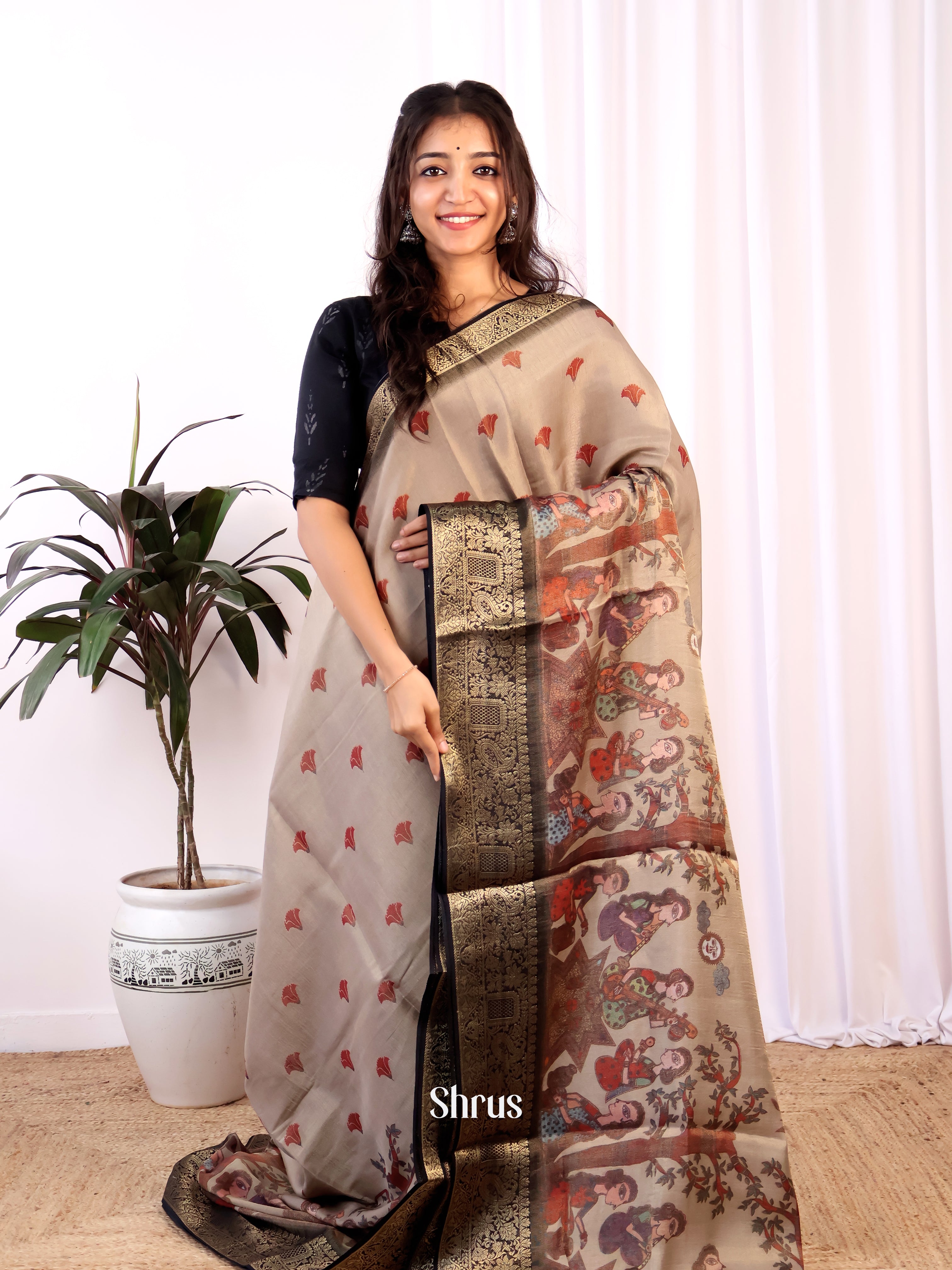 Grey & Black- Semi Tissue Saree - Shop on Shrus.com