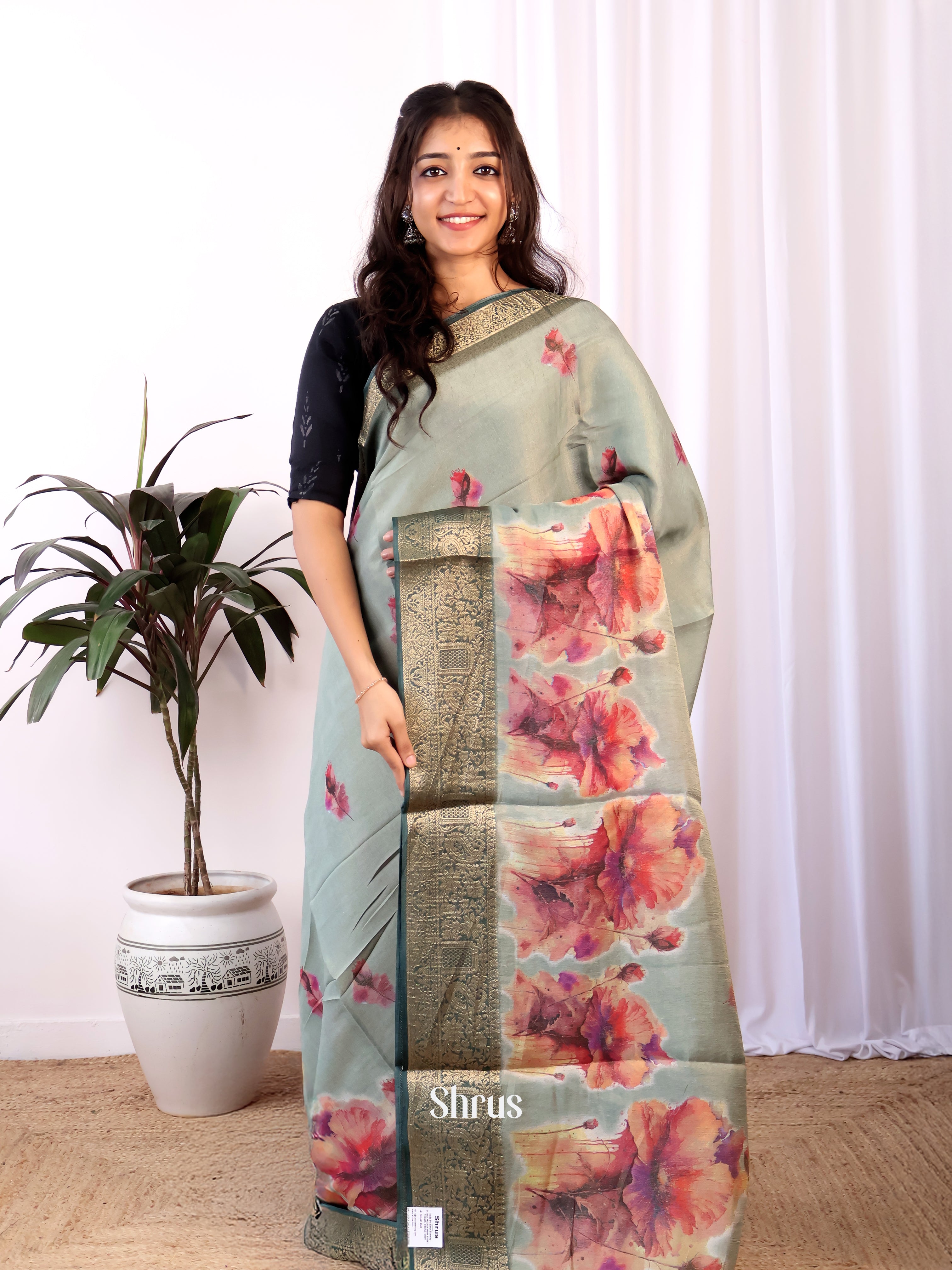 Lite Green & Green- Semi Tissue Saree - Shop on Shrus.com