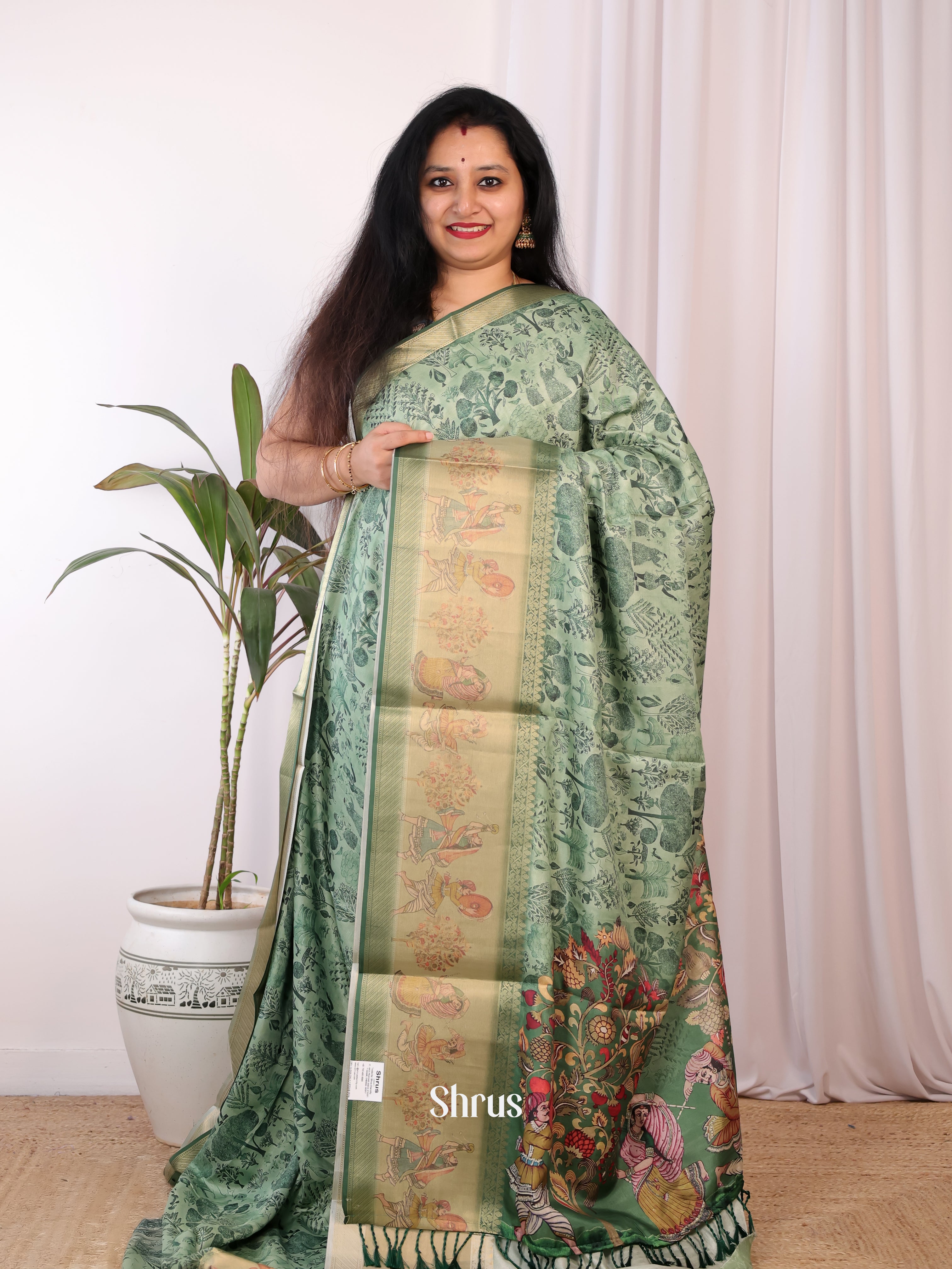 Green & Gold - Semi Chanderi Saree - Shop on Shrus.com