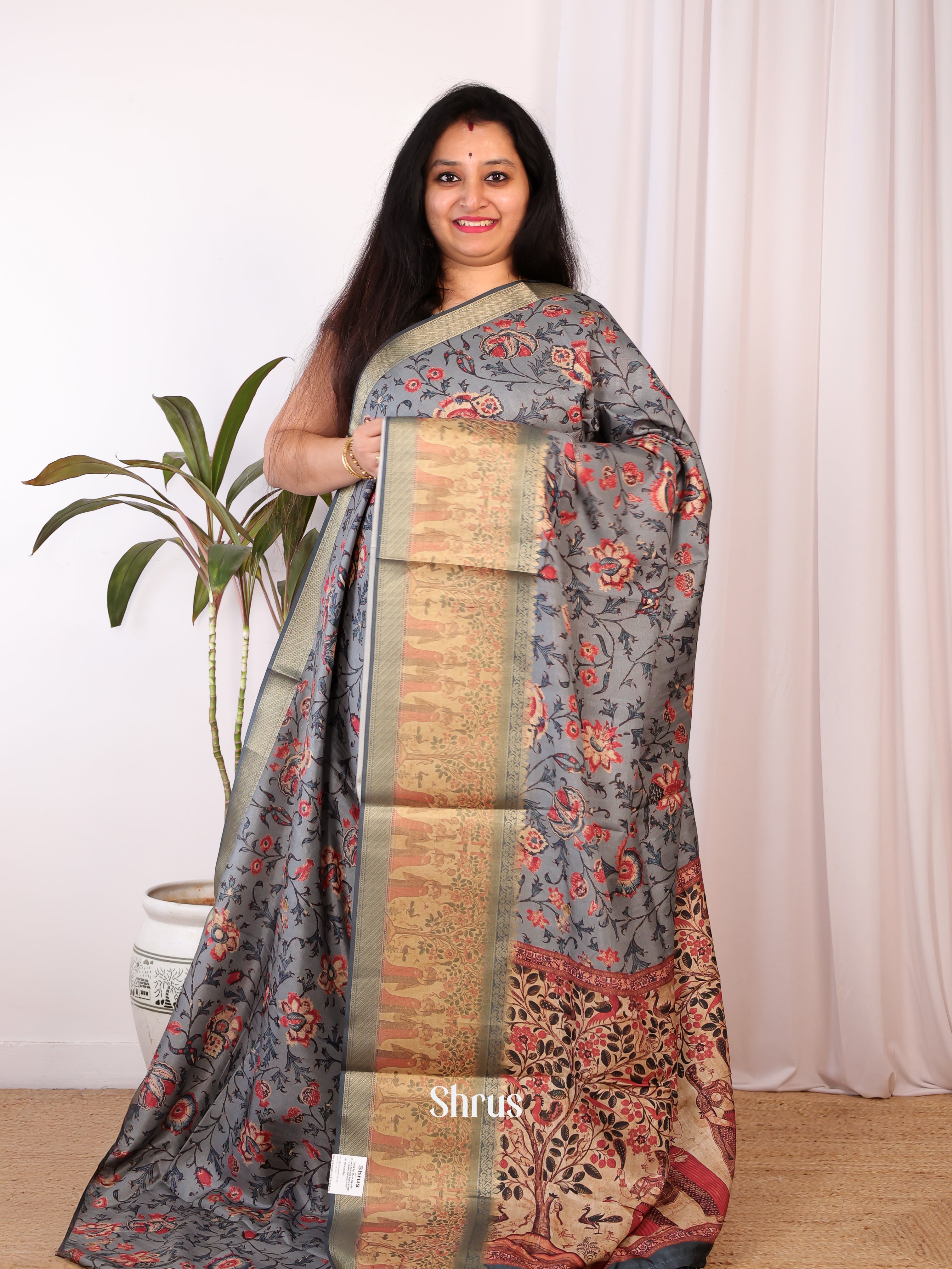 Grey - Semi Chanderi Saree - Shop on Shrus.com