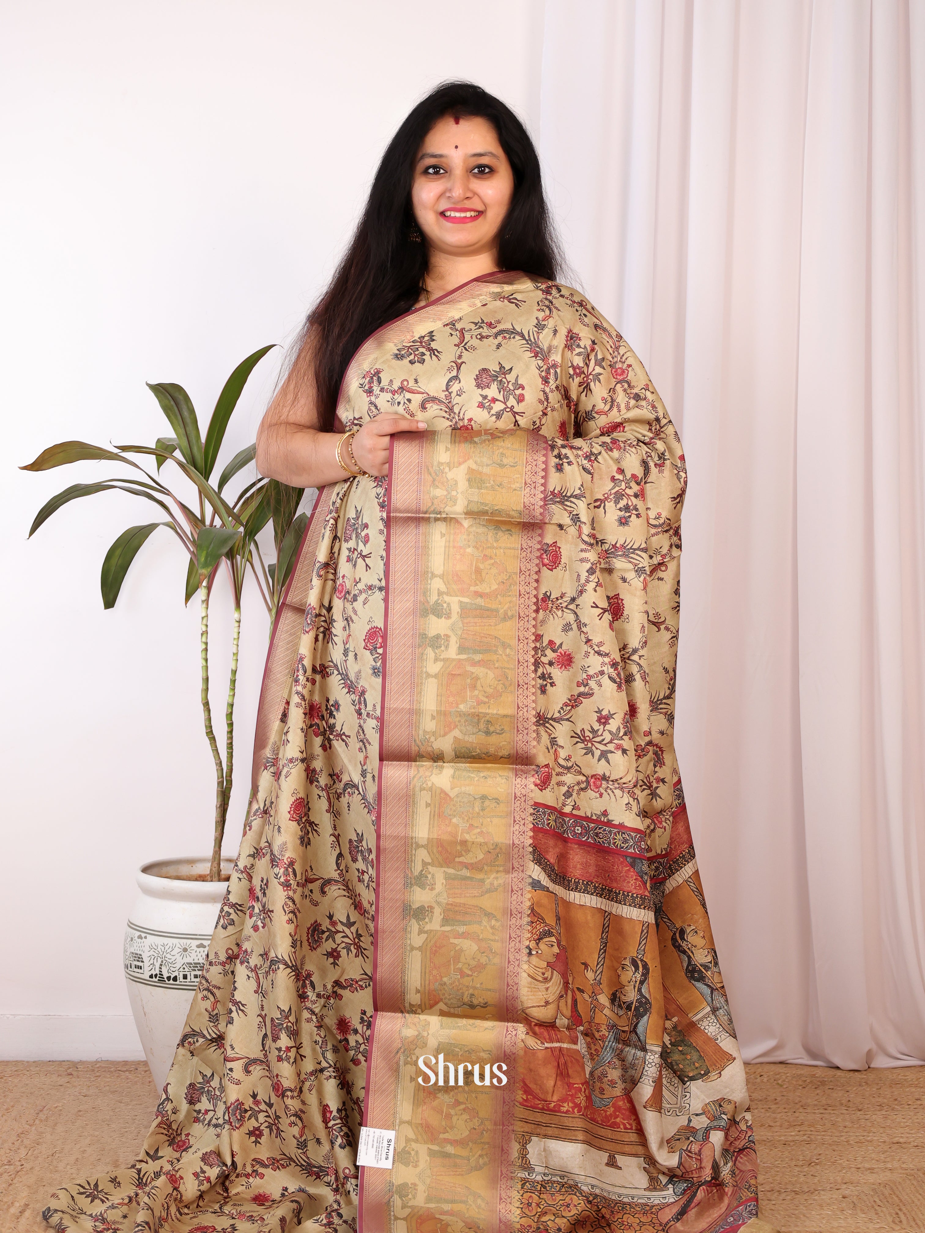Beige & Brown - Semi Chanderi Saree - Shop on Shrus.com