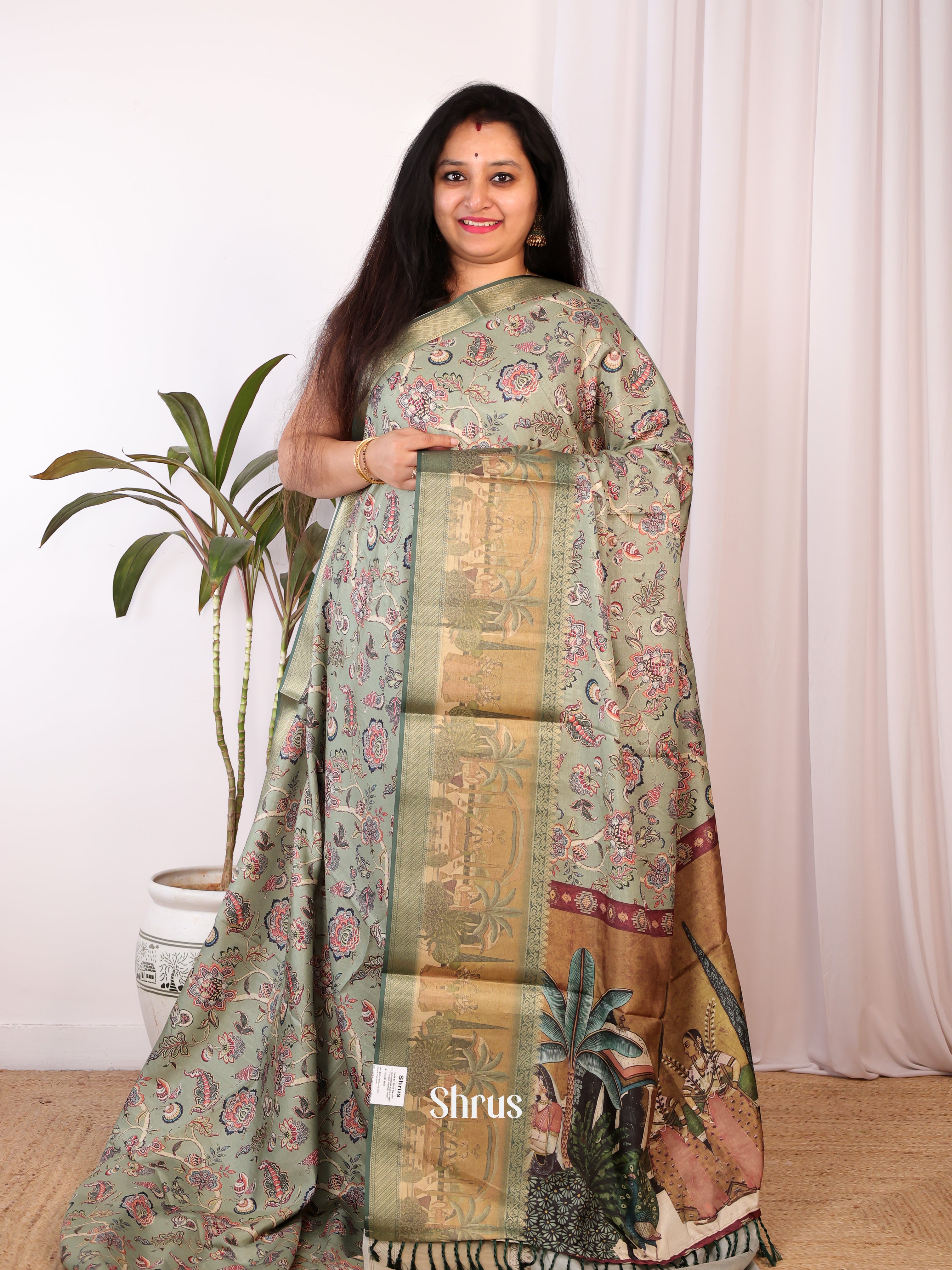 Green & Gold- Semi Chanderi Saree - Shop on Shrus.com