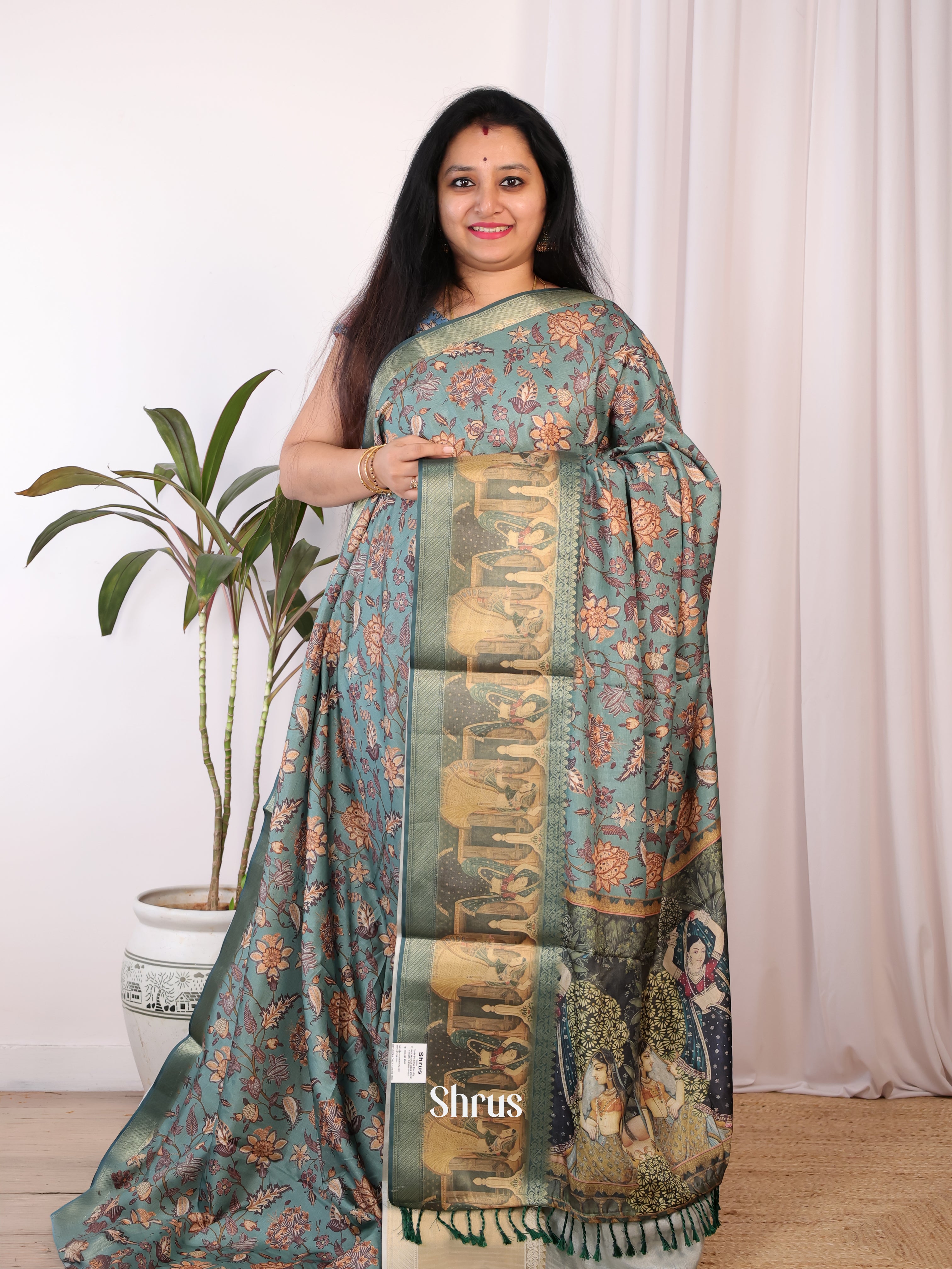 Blue - Semi Chanderi Saree - Shop on Shrus.com