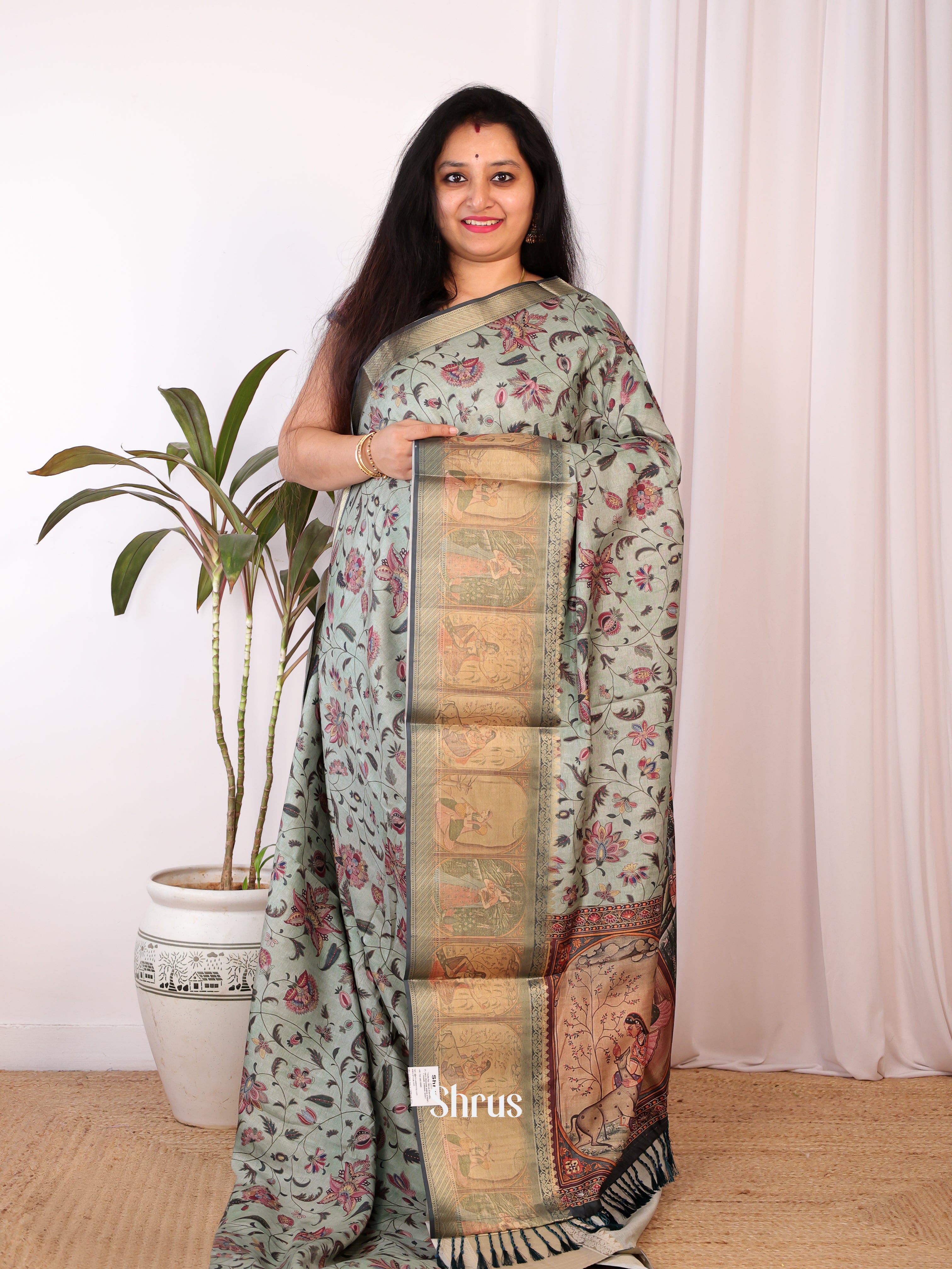 Green - Semi Chanderi Saree - Shop on Shrus.com