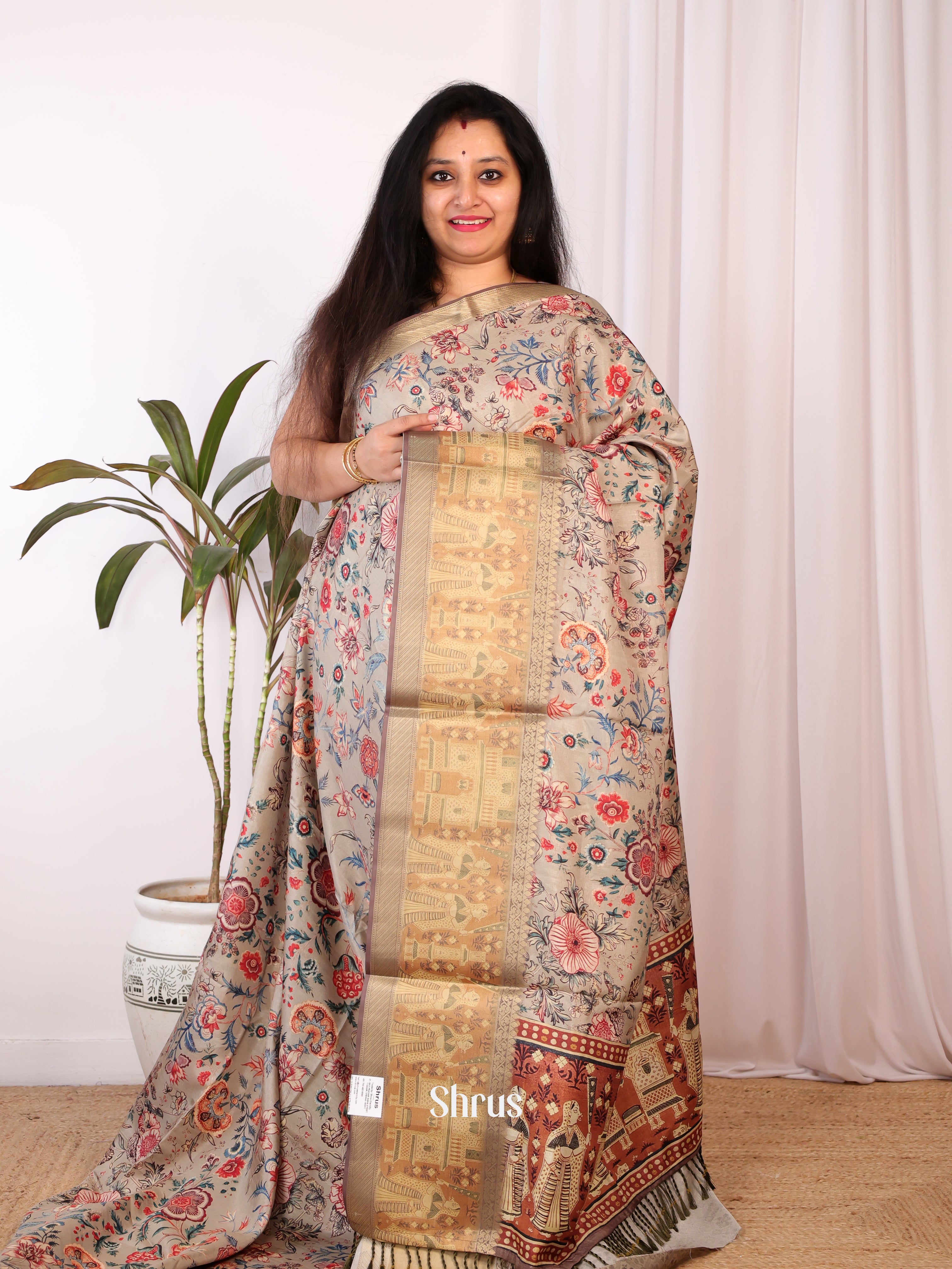 Grey & Brown - Semi Chanderi Saree - Shop on Shrus.com