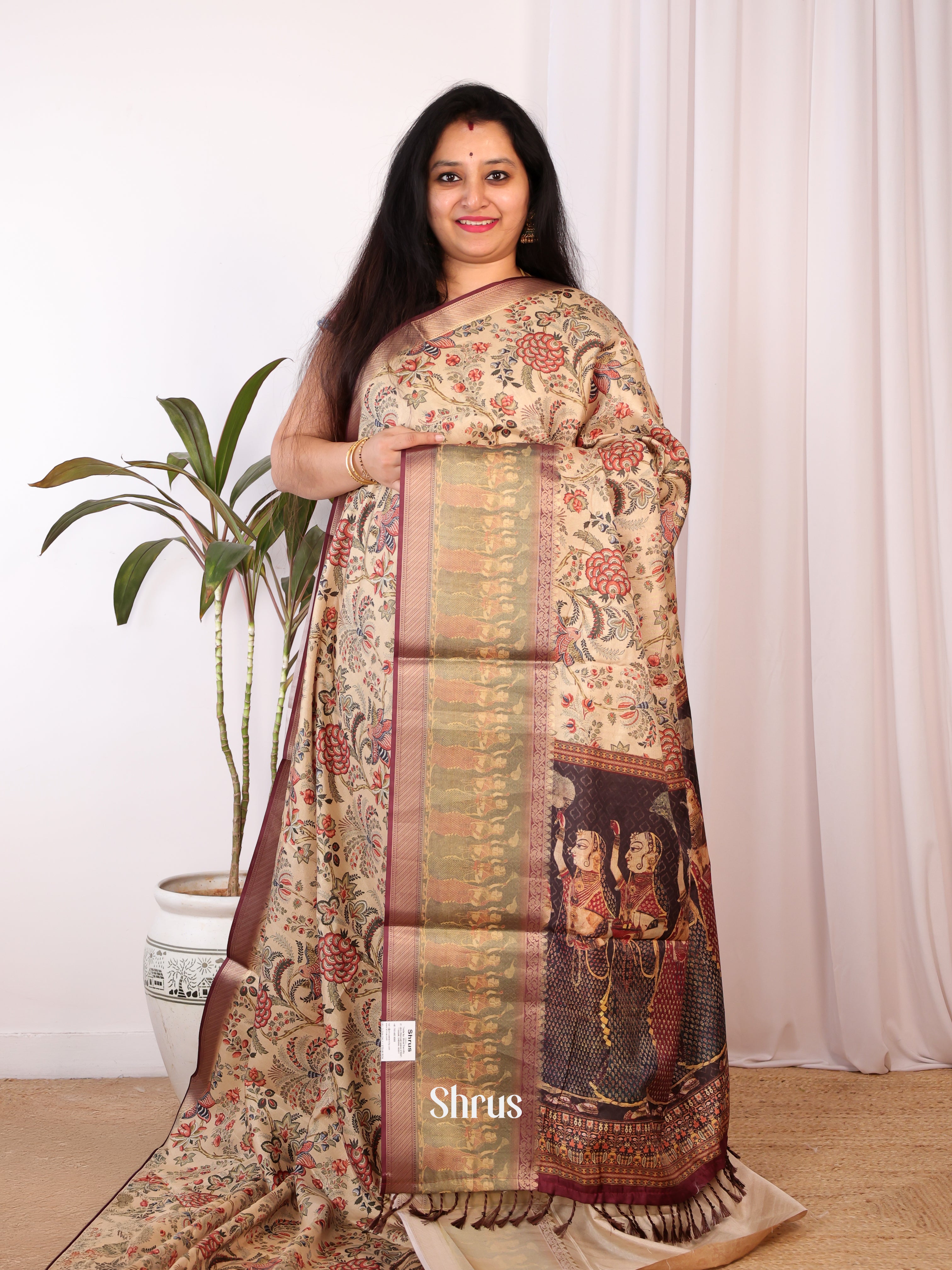 Cream & Brown - Semi Chanderi Saree - Shop on Shrus.com