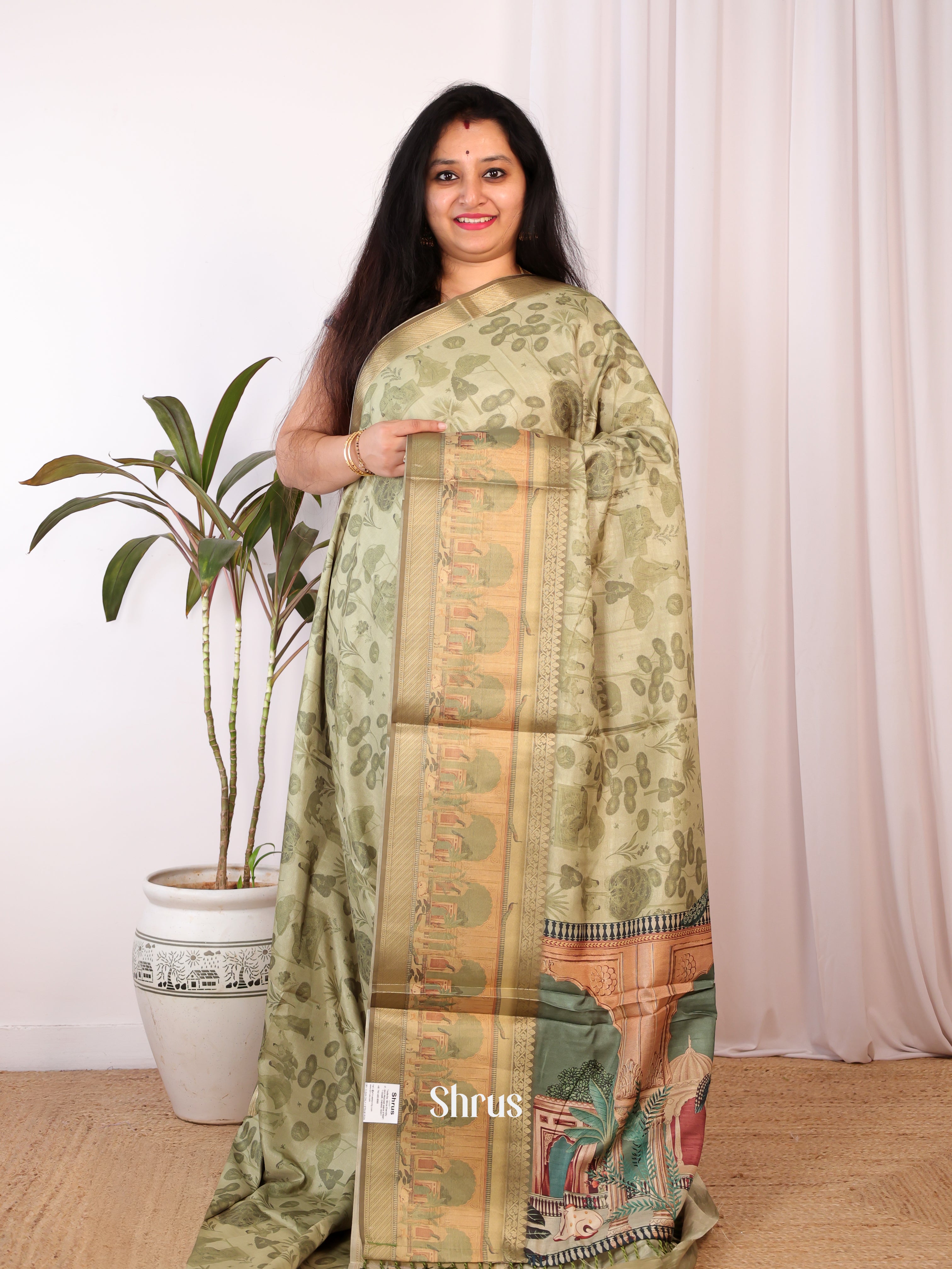 Green & Gold - Semi Chanderi Saree - Shop on Shrus.com