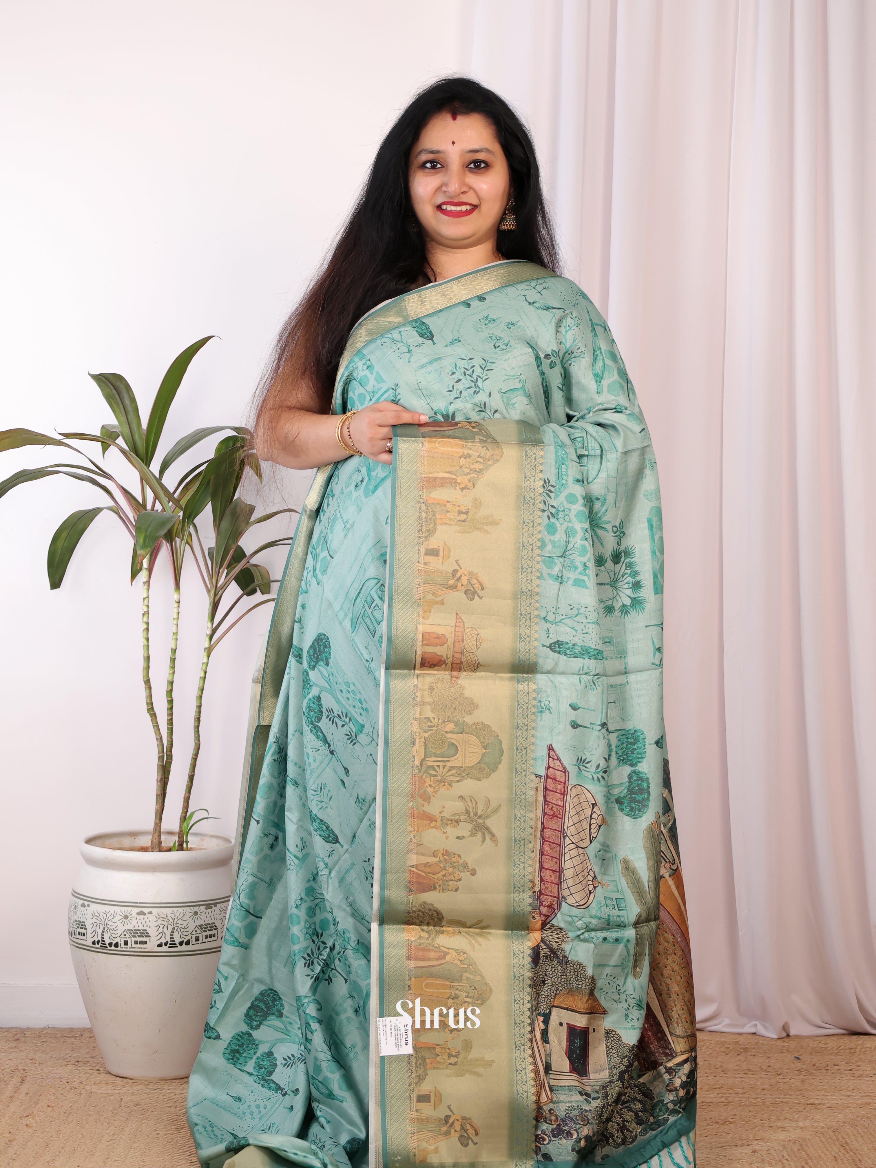 Green & Gold- Semi Chanderi Saree - Shop on Shrus.com