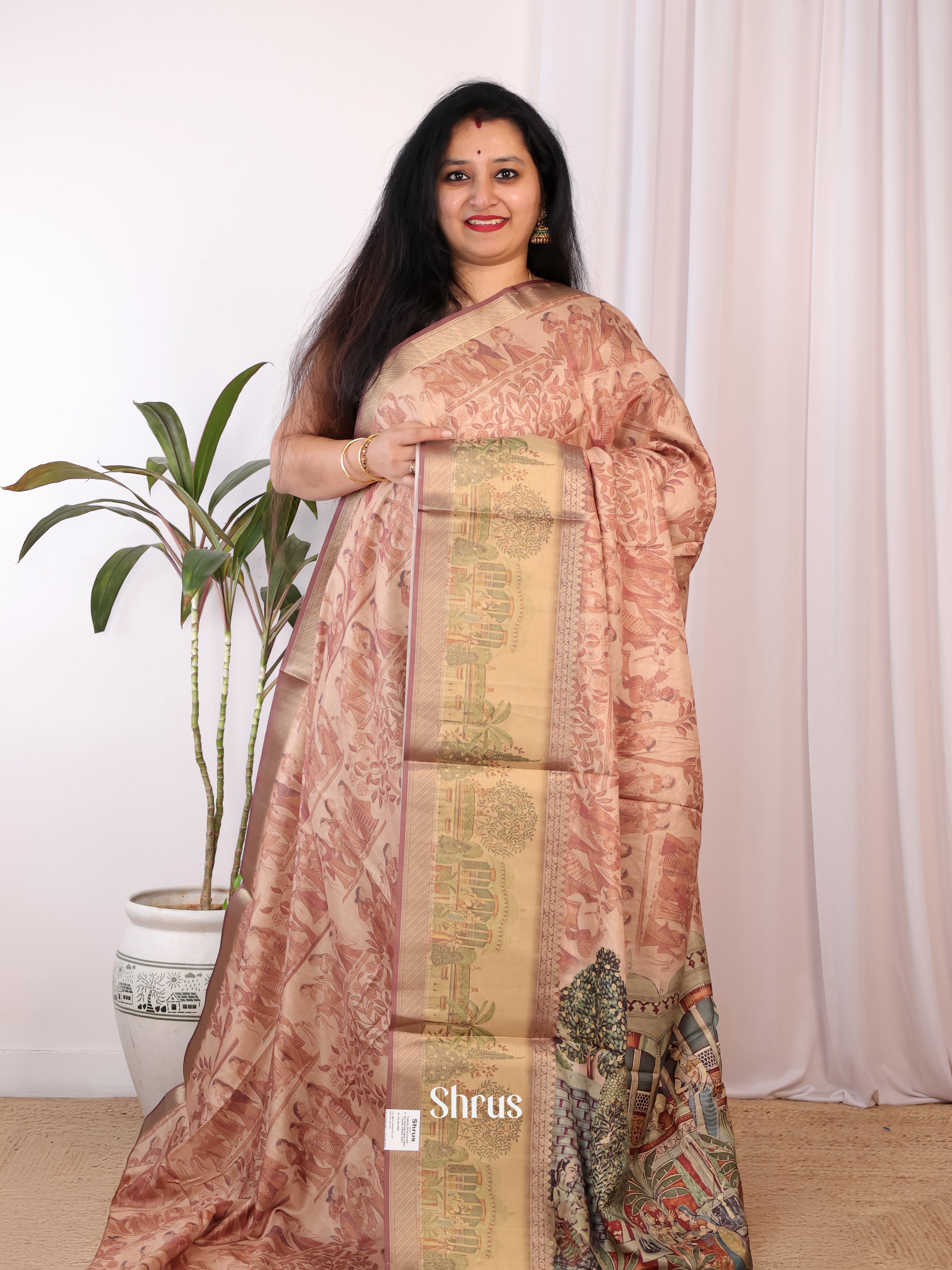 Brown - Semi Chanderi Saree - Shop on Shrus.com