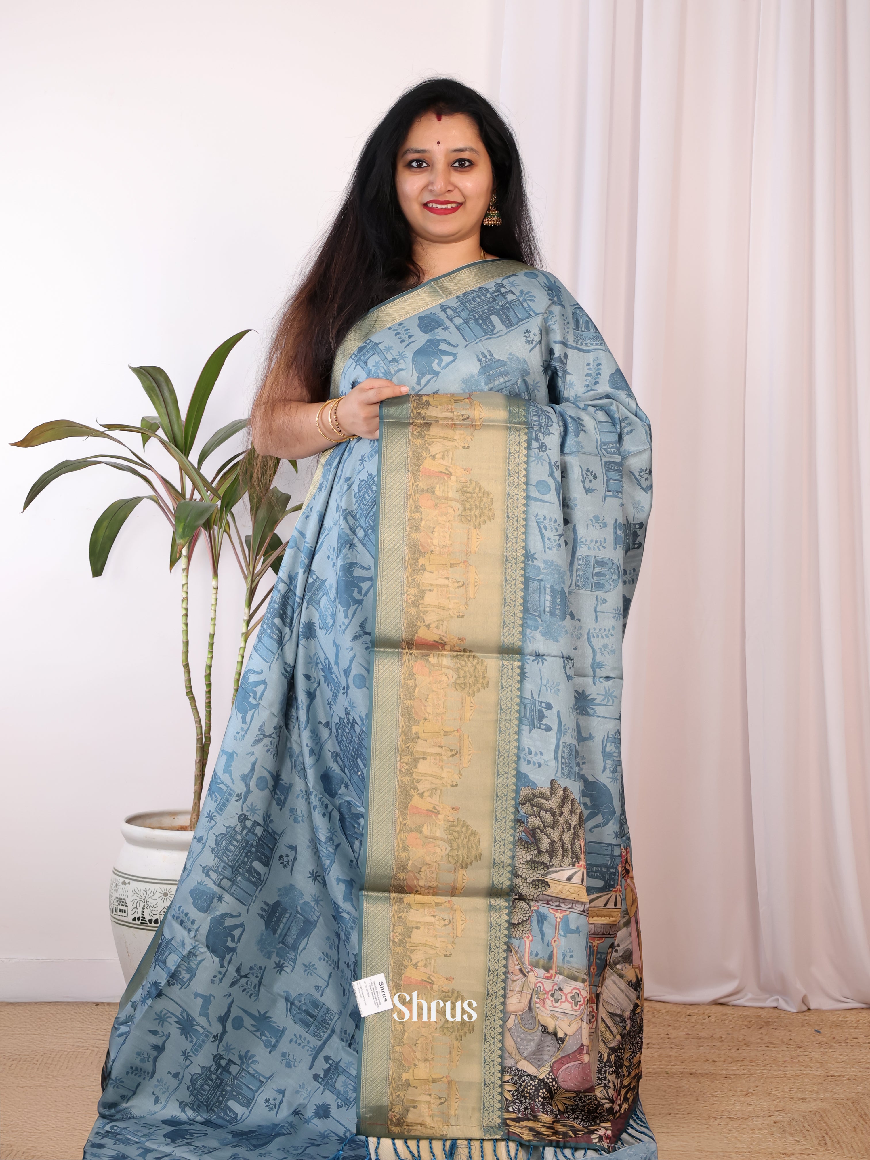 Blue & Gold - Semi Chanderi Saree - Shop on Shrus.com