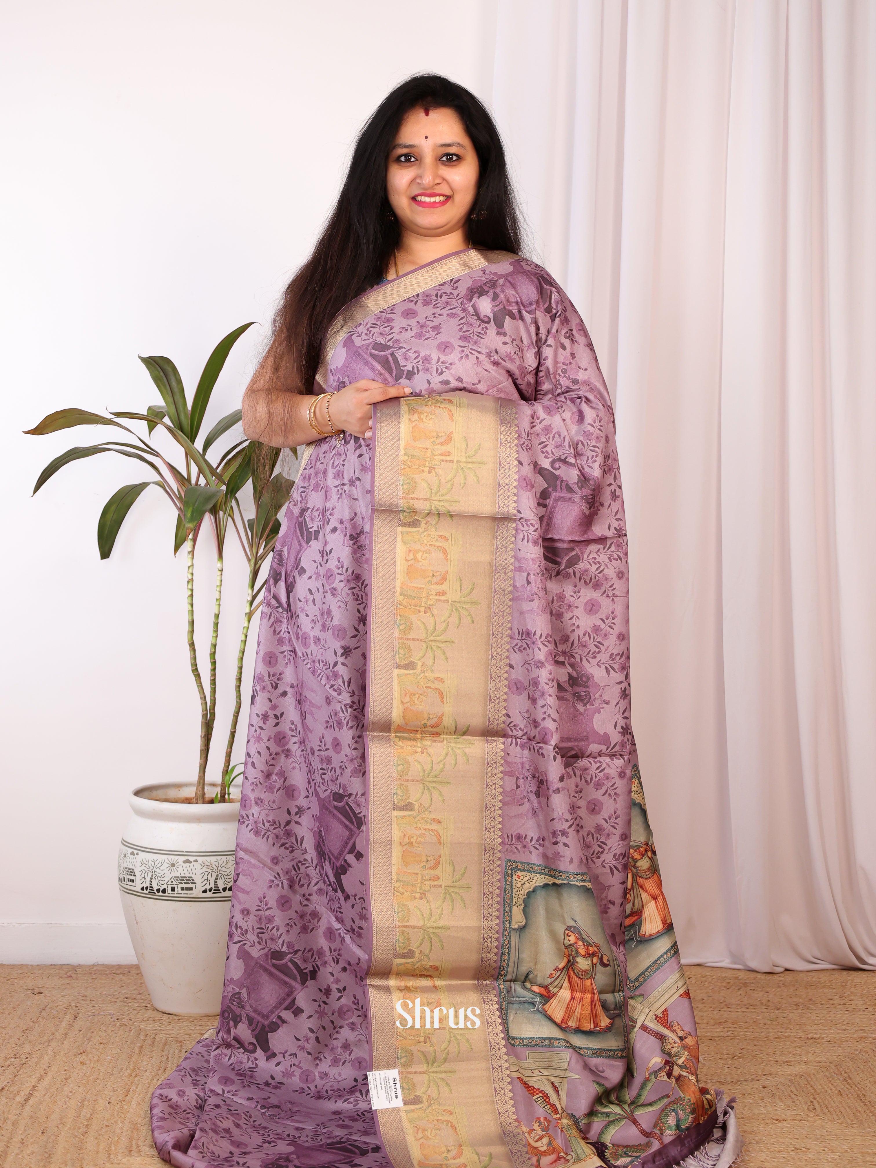 Lavender & Beige - Semi Chanderi Saree - Shop on Shrus.com
