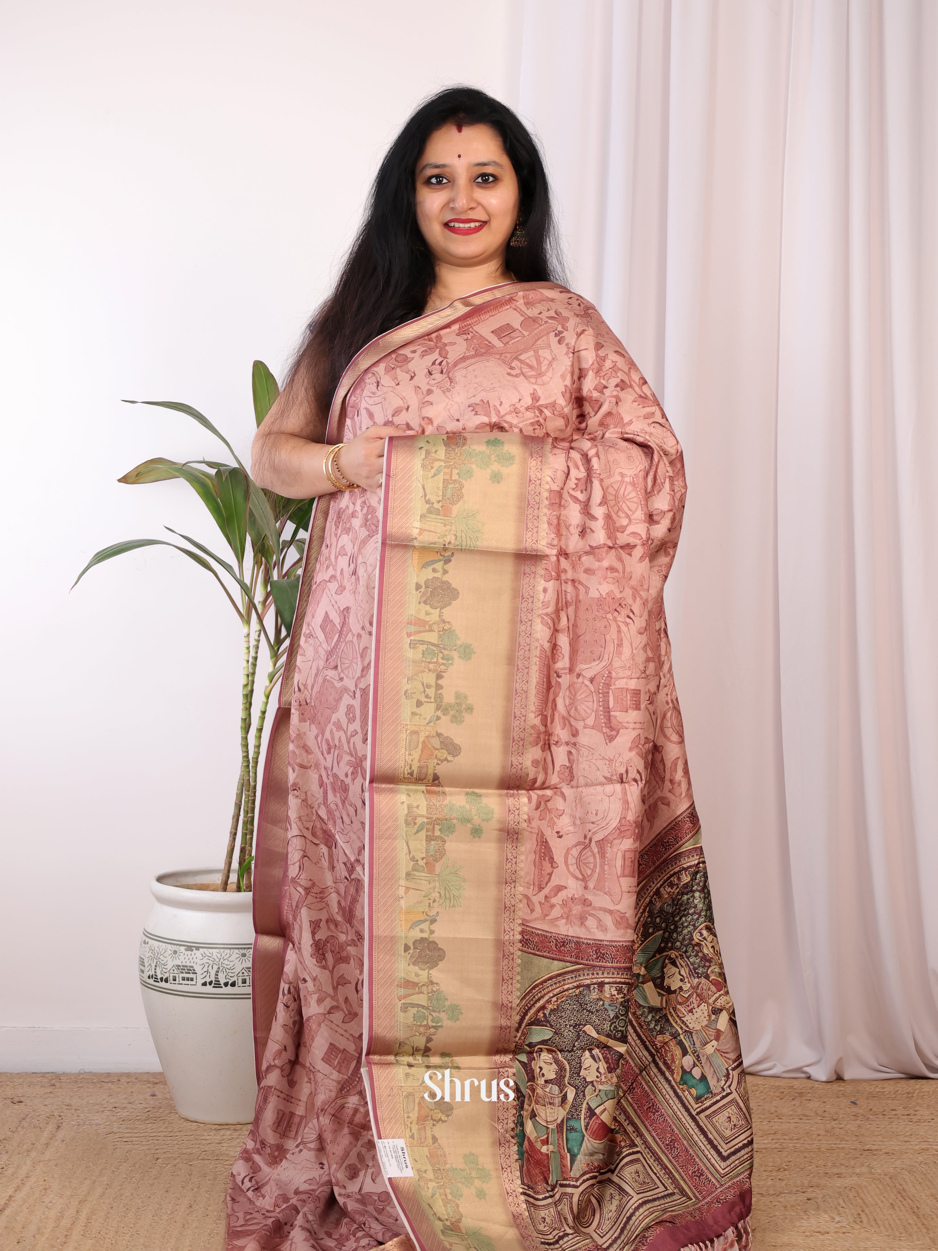 Pink - Semi Chanderi Saree - Shop on Shrus.com