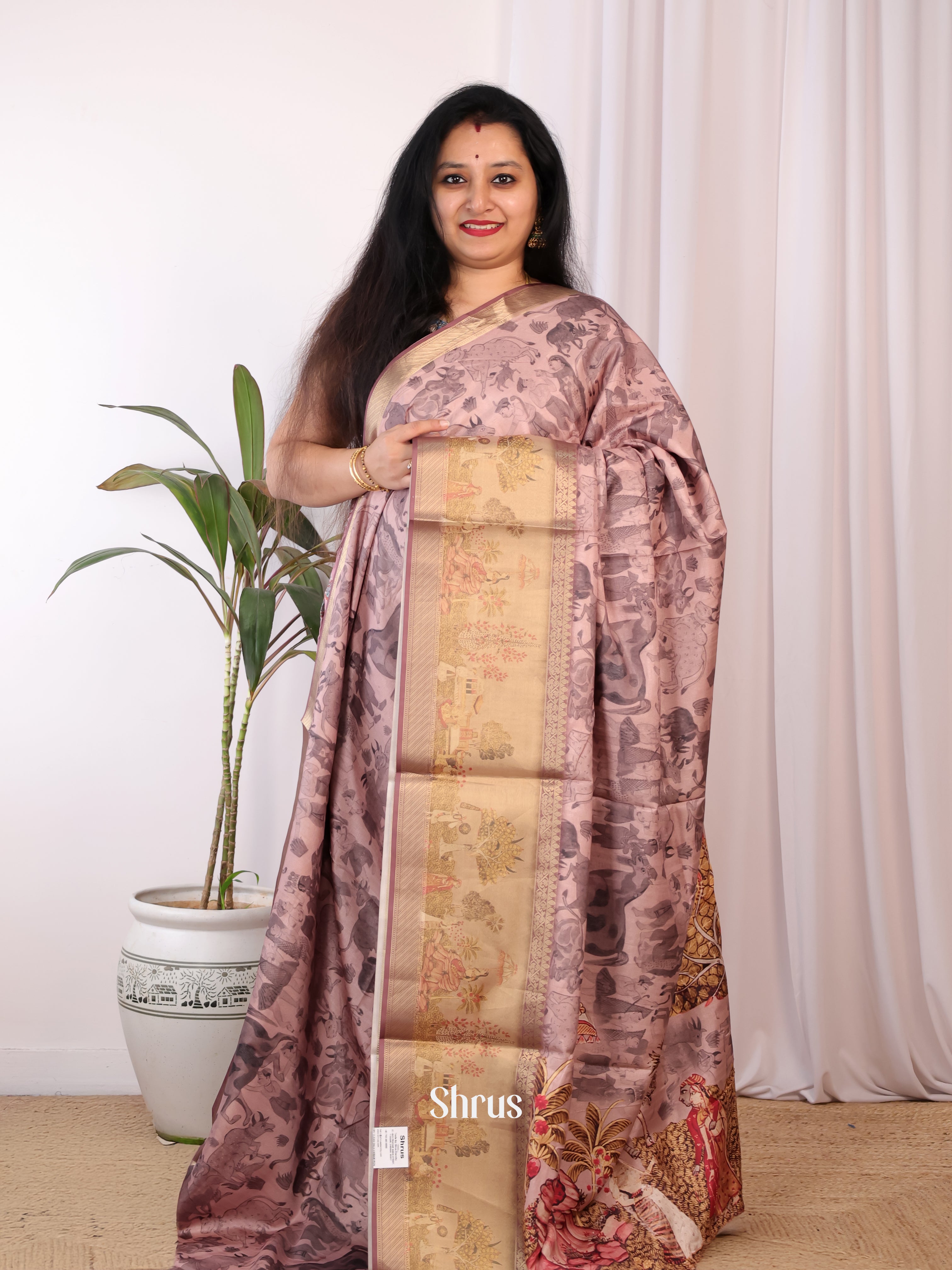 Mauve & Beige - Semi Chanderi Saree - Shop on Shrus.com