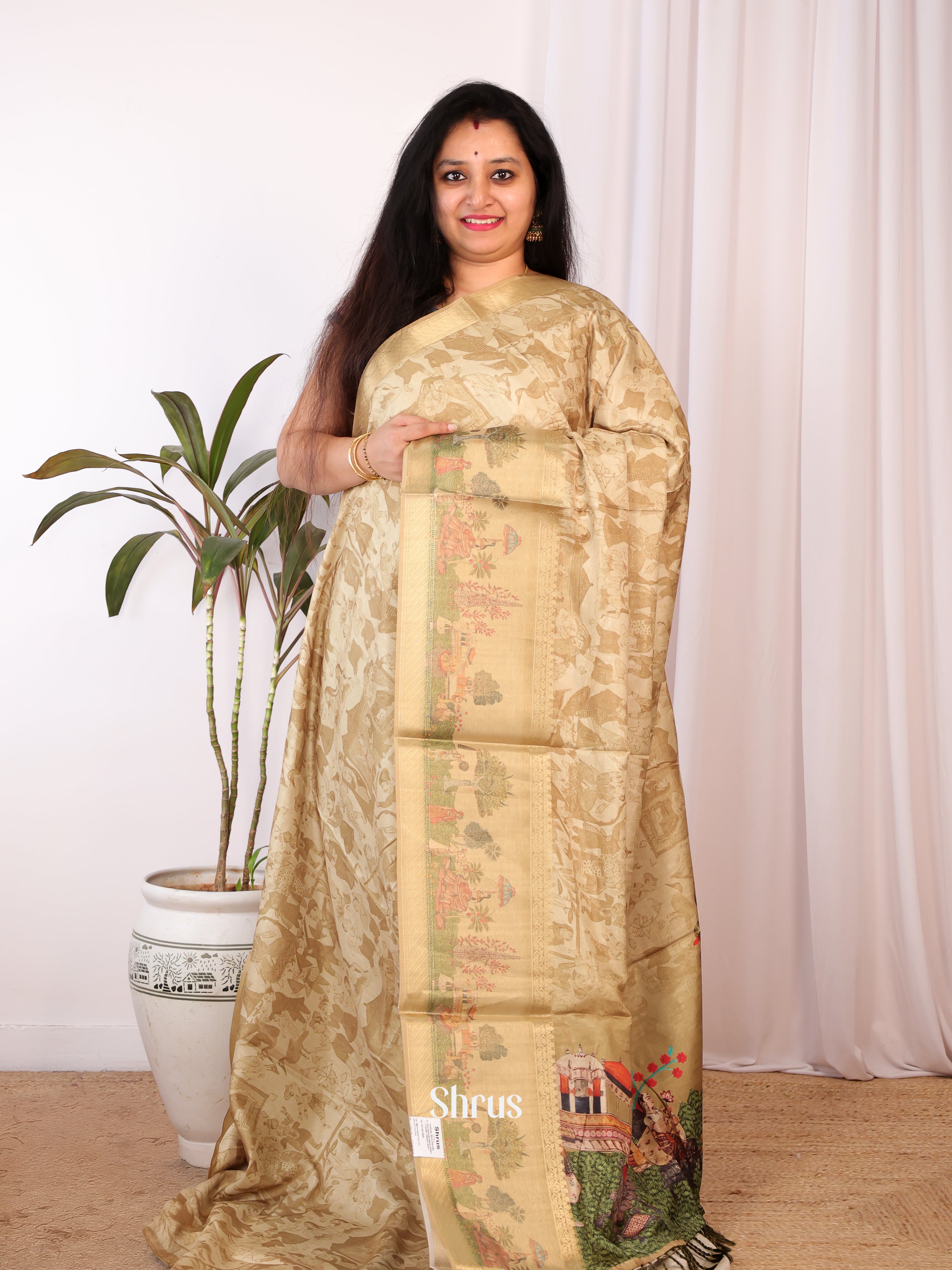 Cream & Gold - Semi Chanderi Saree - Shop on Shrus.com