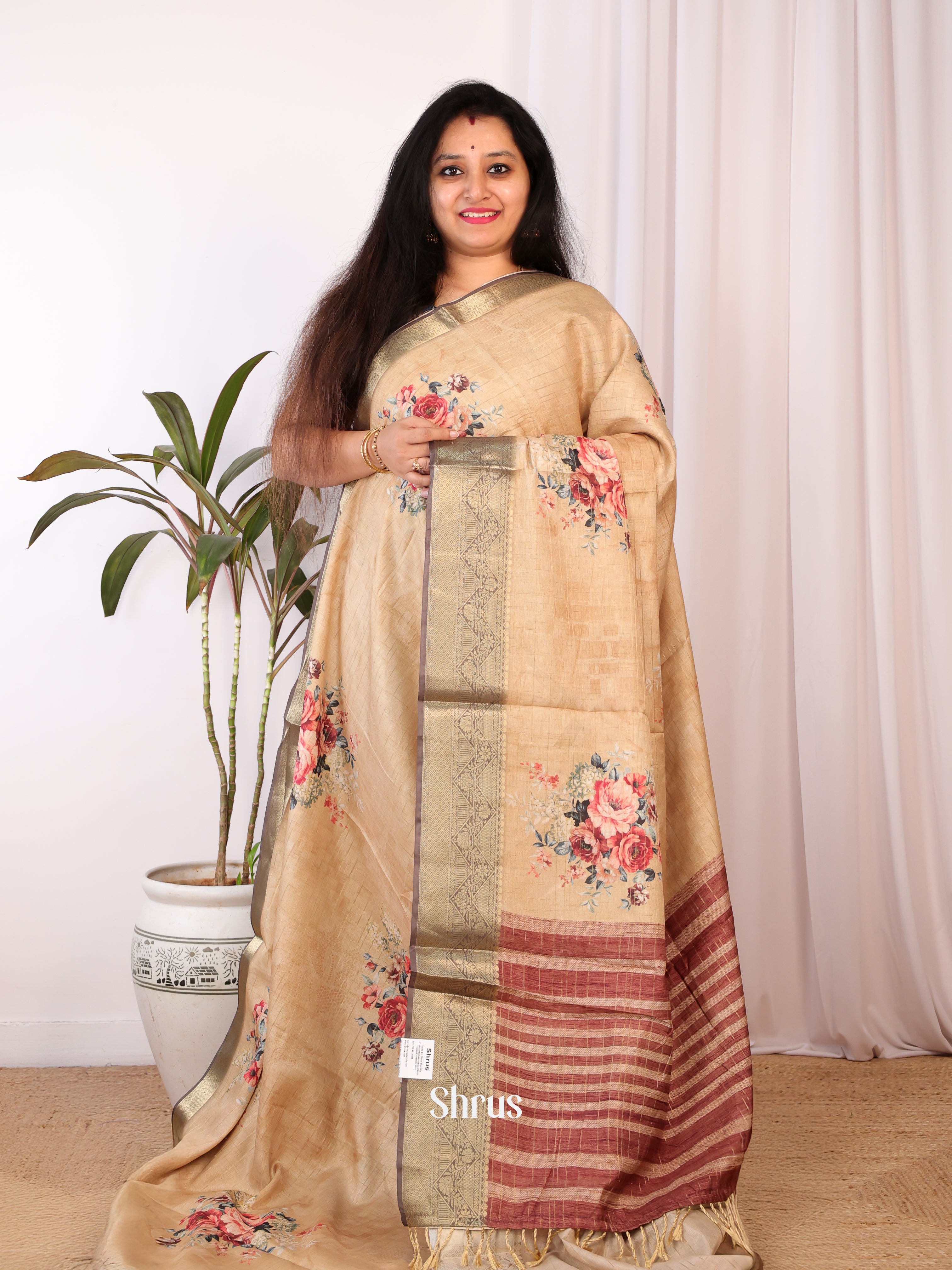 Peach & Brown- Semi Chanderi Saree - Shop on Shrus.com