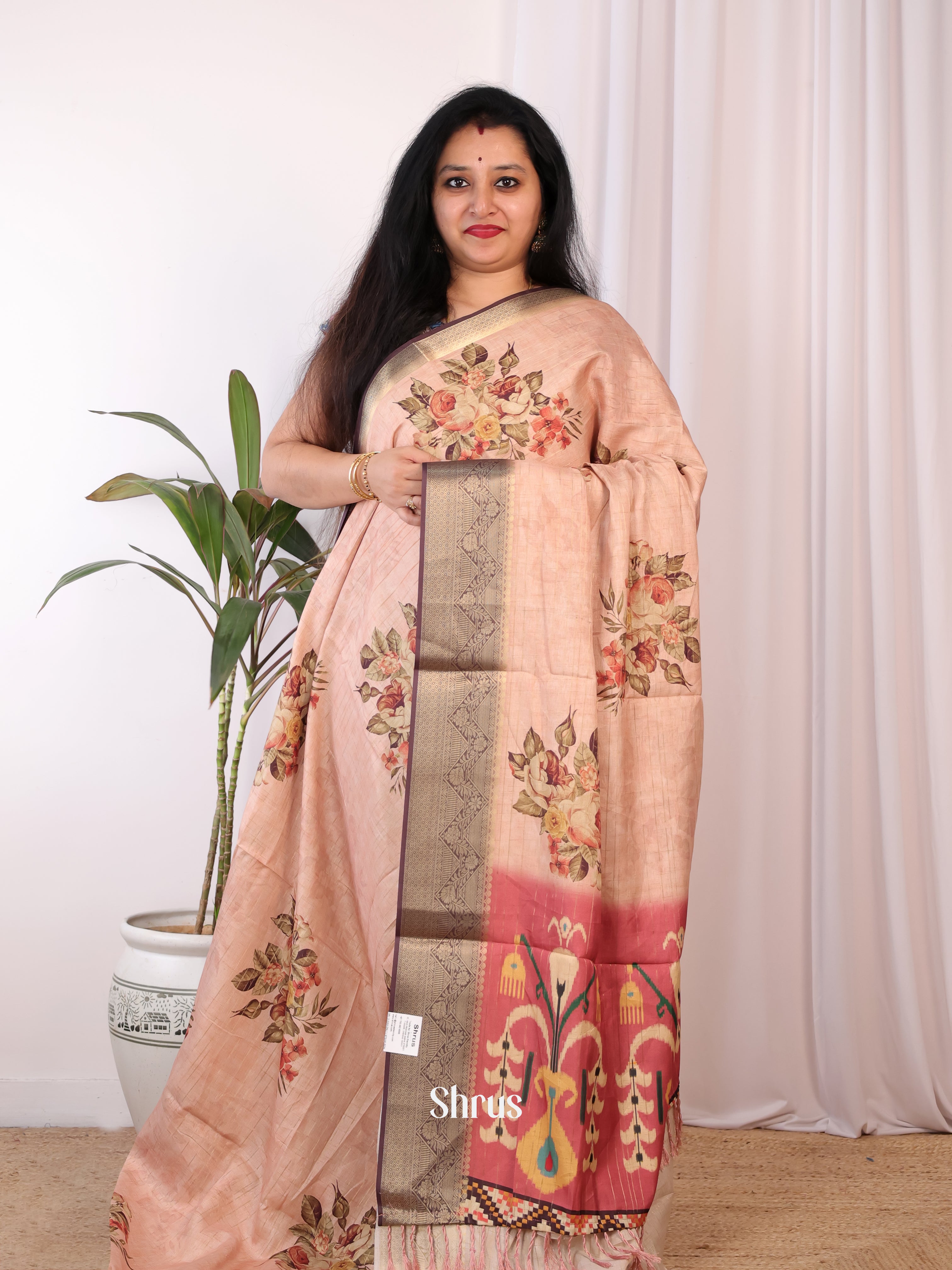 Peach & Brown - Semi Chanderi Saree - Shop on Shrus.com