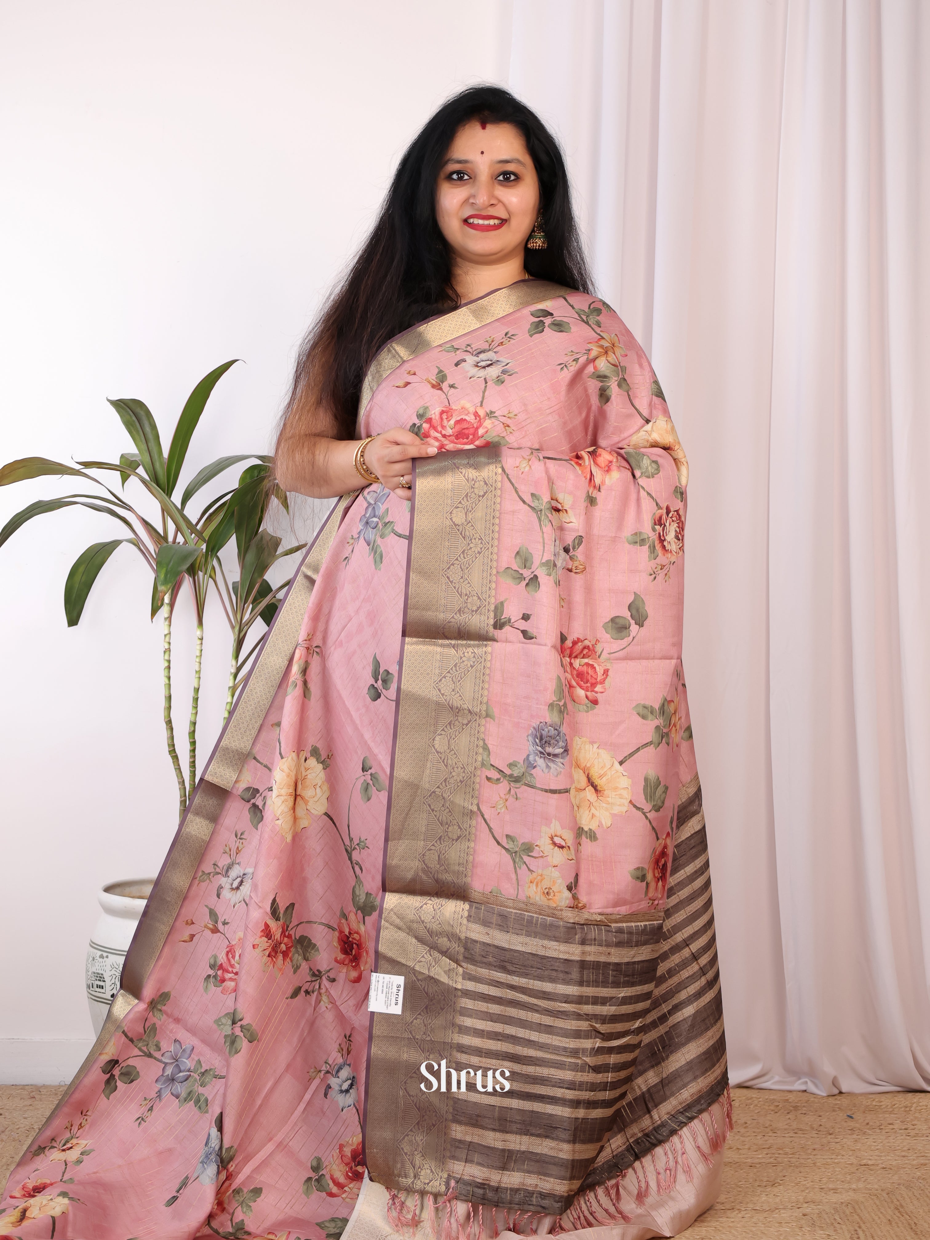 Pink & Brown - Semi Chanderi Saree - Shop on Shrus.com