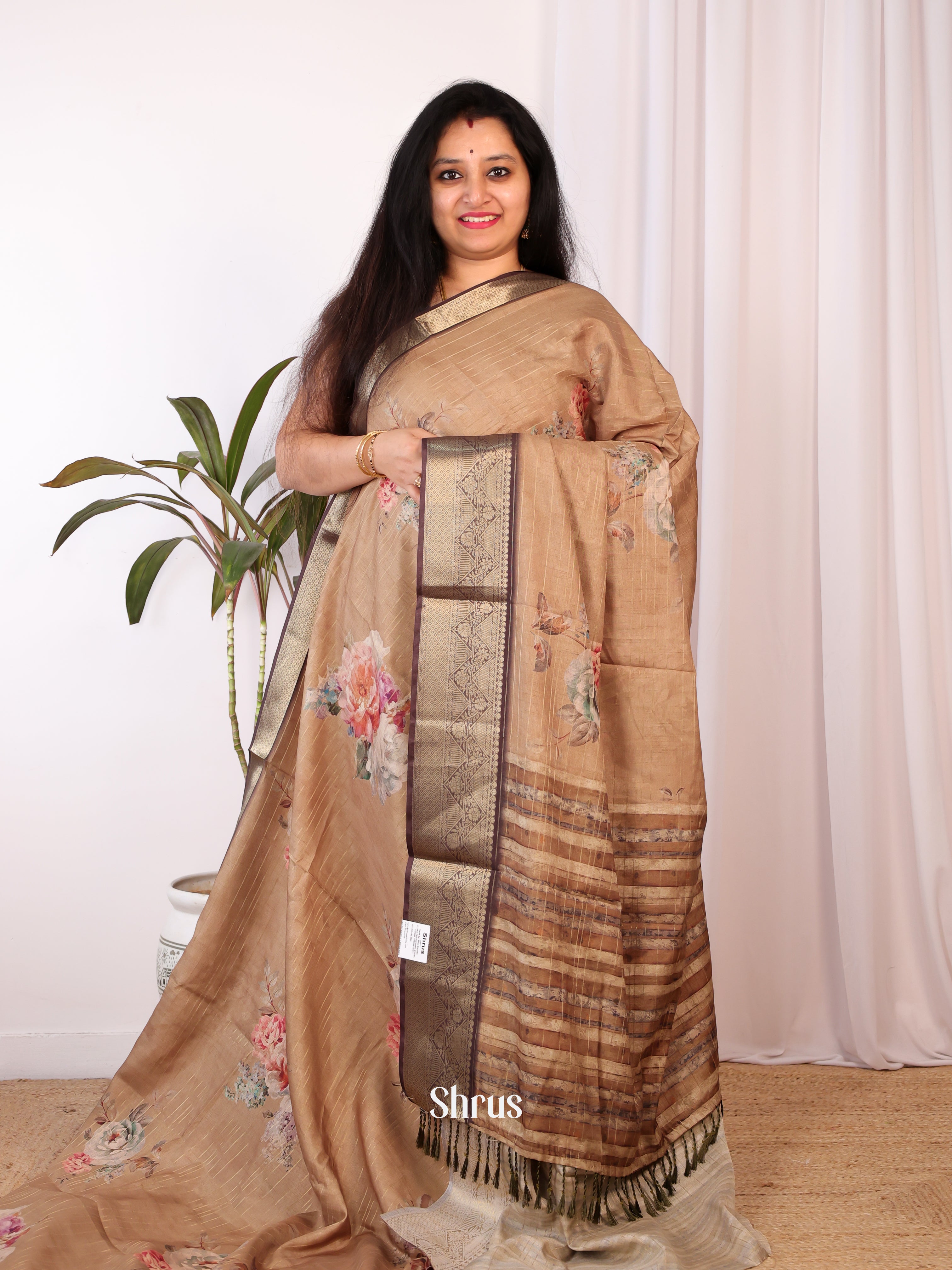 Brown - Semi Chanderi Saree - Shop on Shrus.com