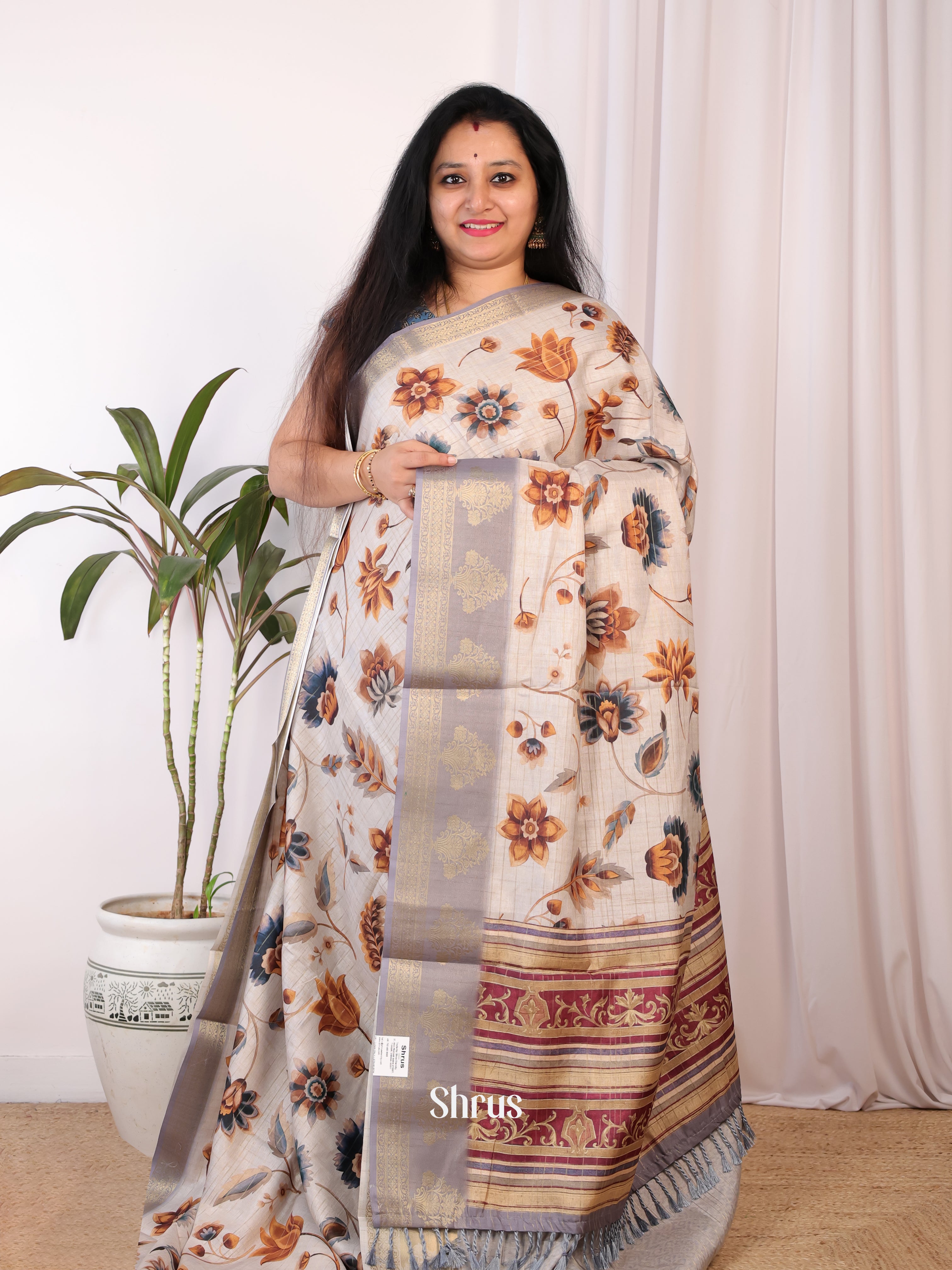 Cream & Lavender - Semi Chanderi Saree - Shop on Shrus.com