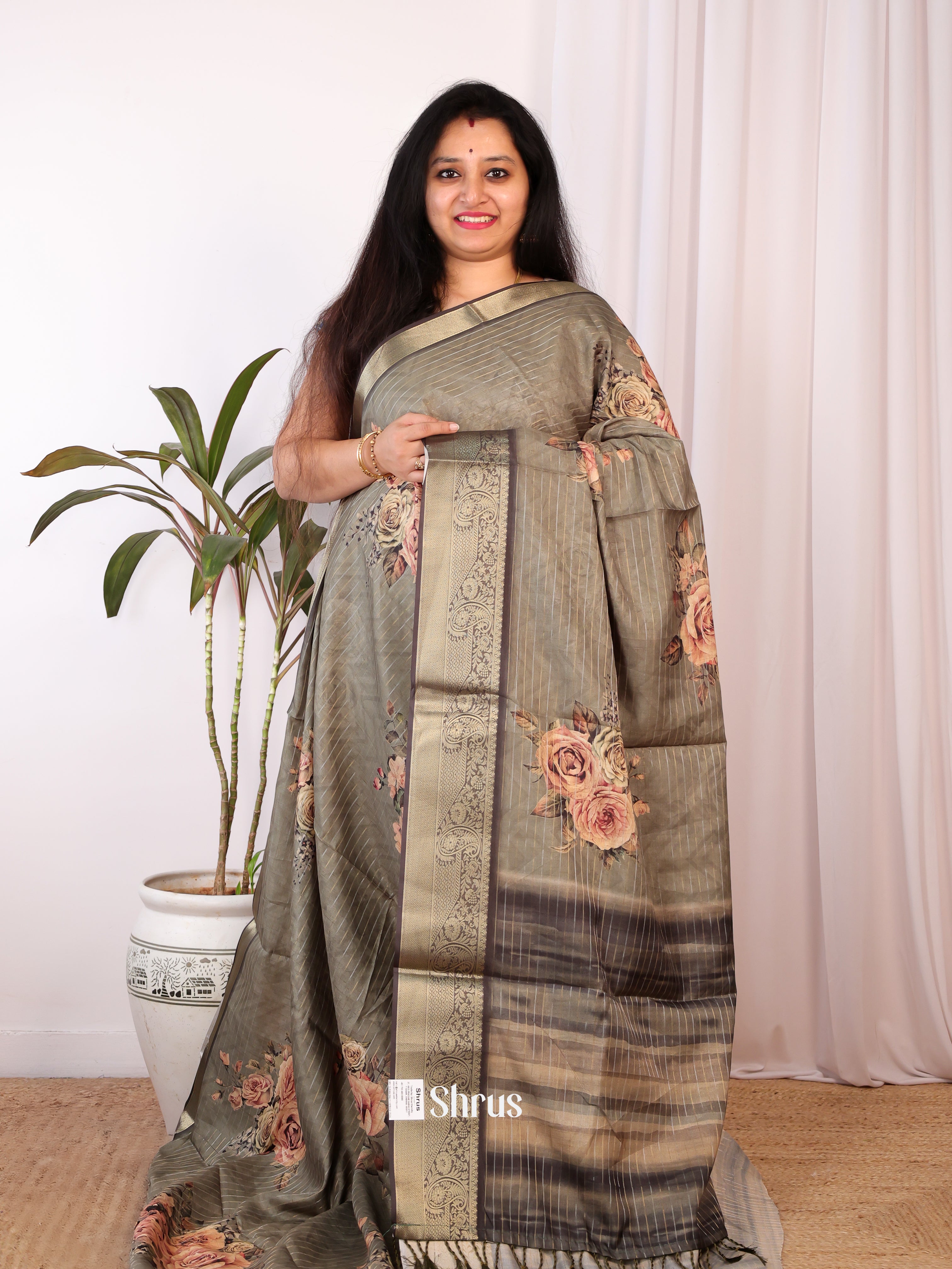 Grey - Semi Chanderi Saree - Shop on Shrus.com