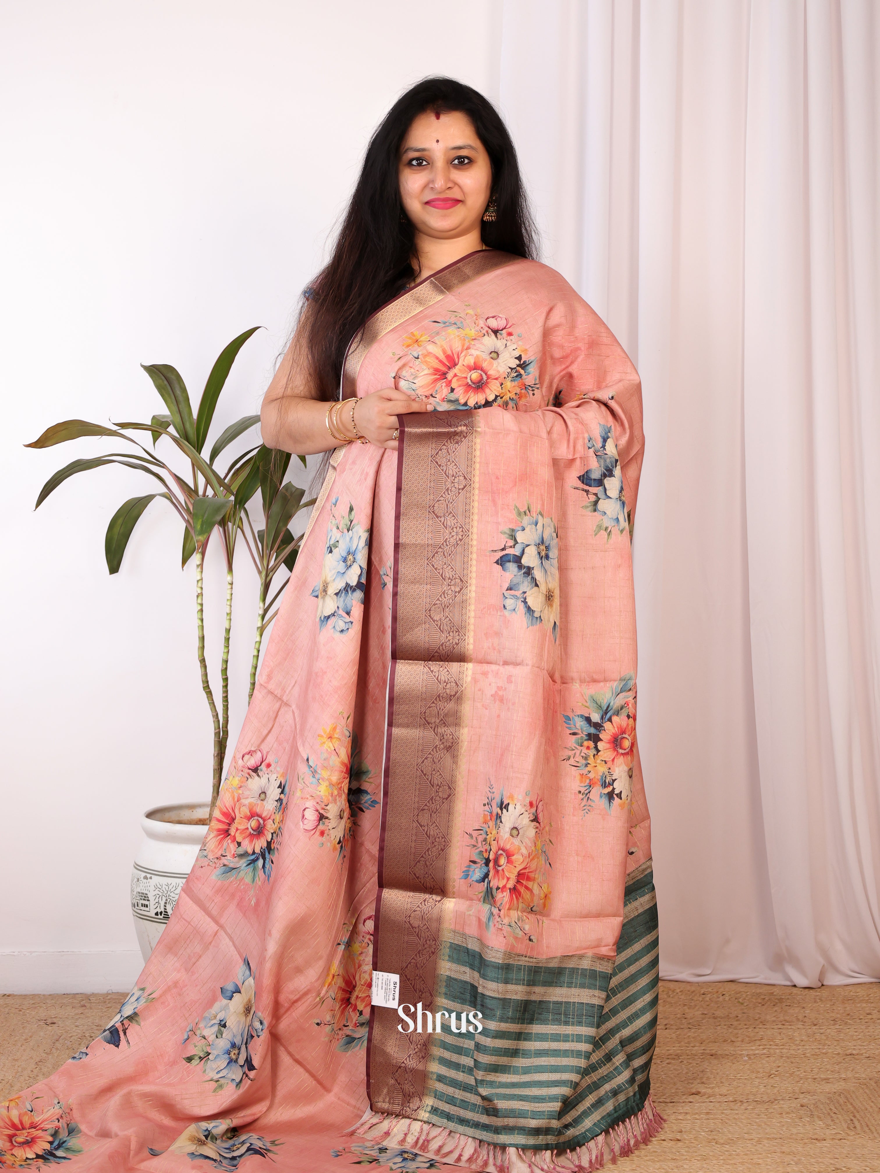 Peach & Green - Semi Chanderi Saree - Shop on Shrus.com