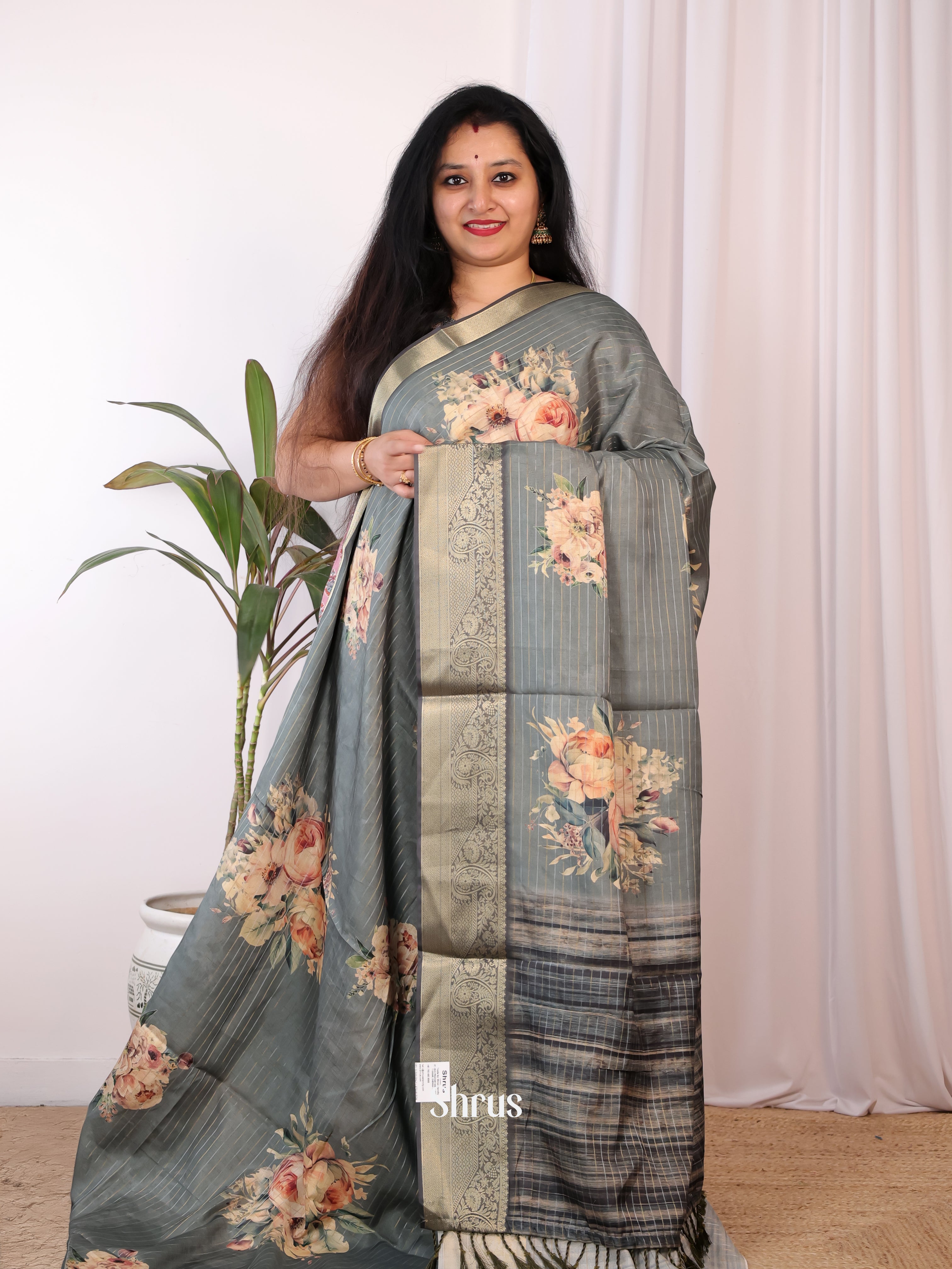 Grey - Semi Chanderi Saree - Shop on Shrus.com