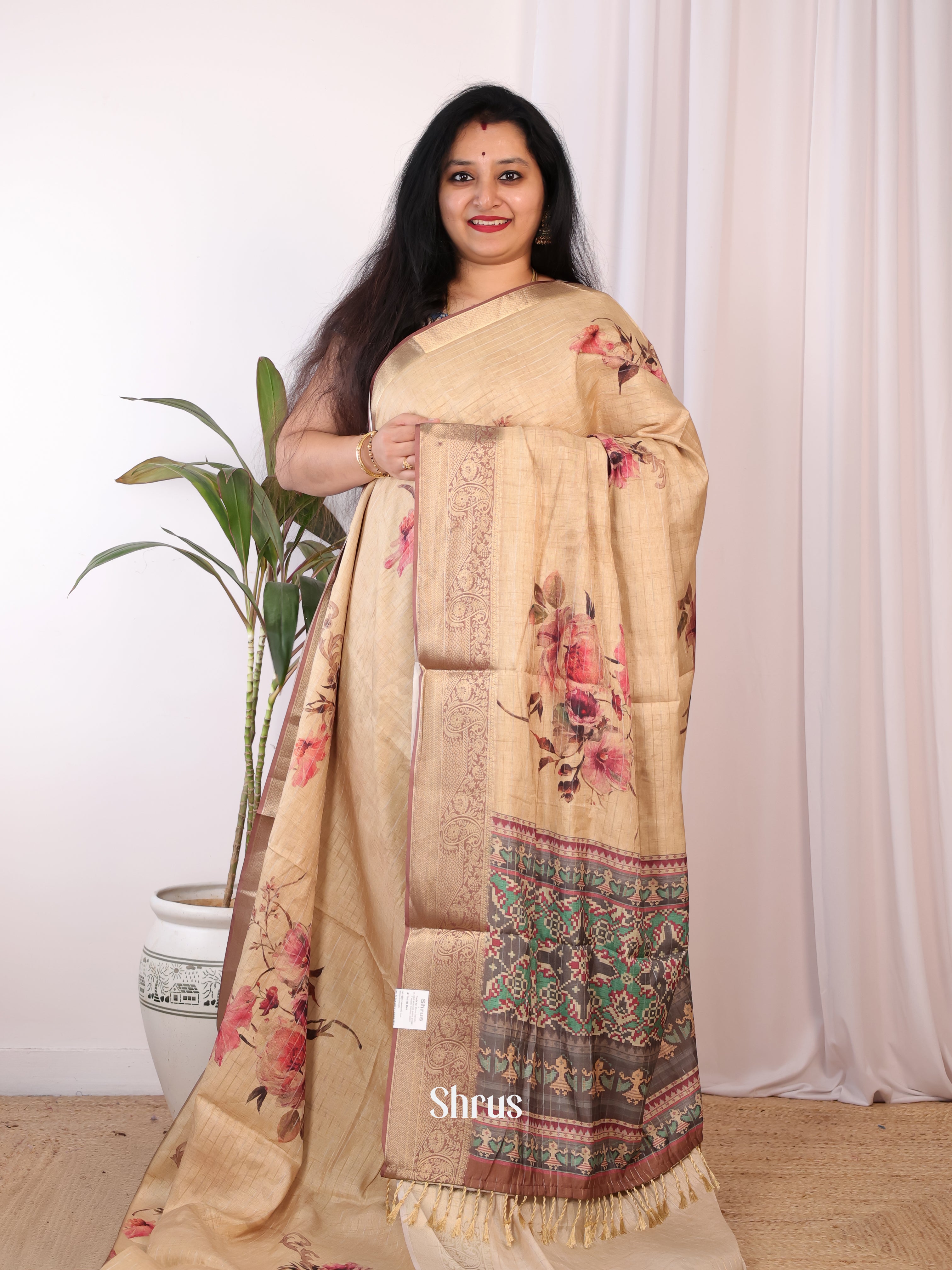 Cream & Brown- Semi Chanderi Saree - Shop on Shrus.com