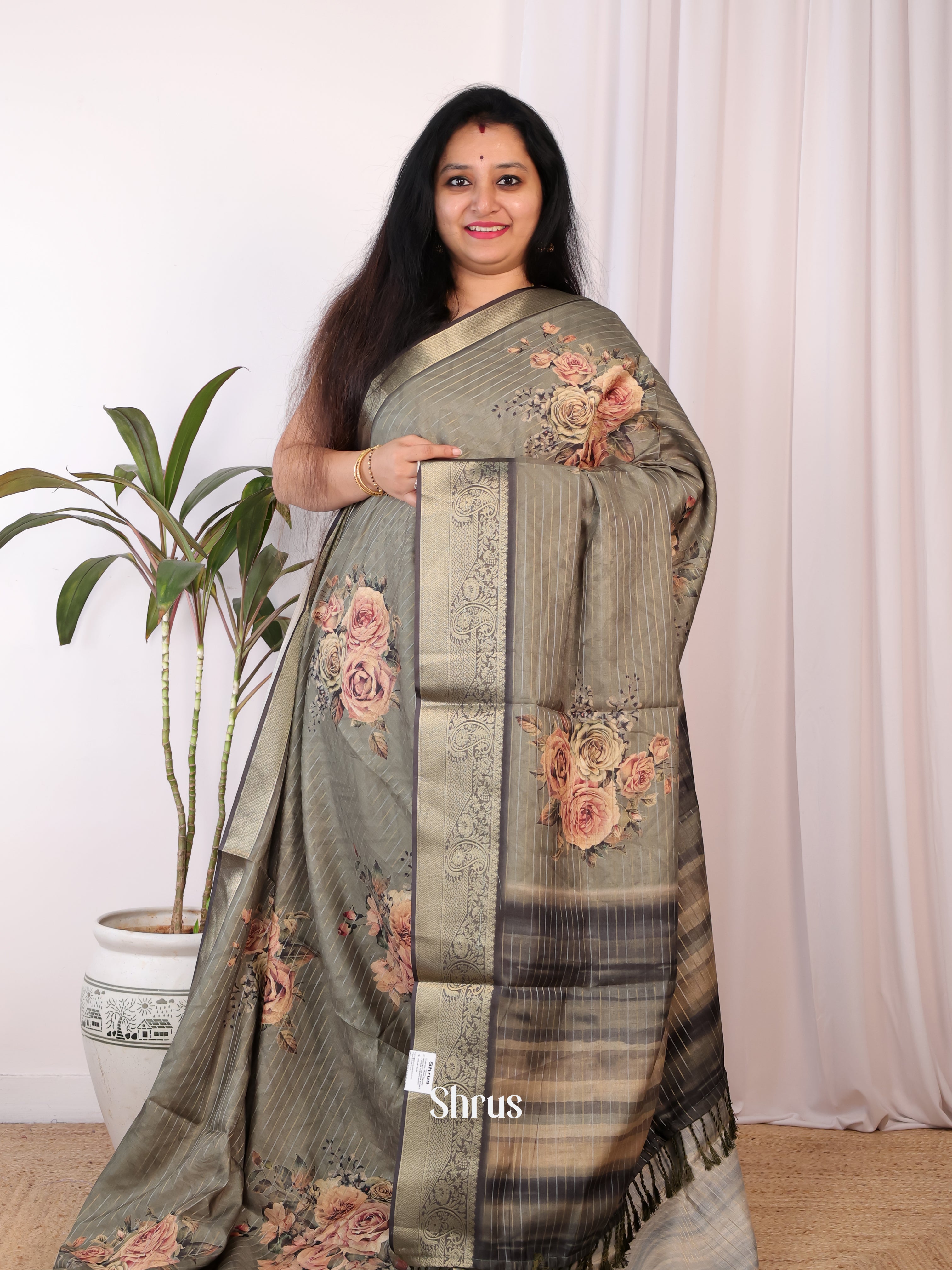 Grey - Semi Chanderi Saree - Shop on Shrus.com