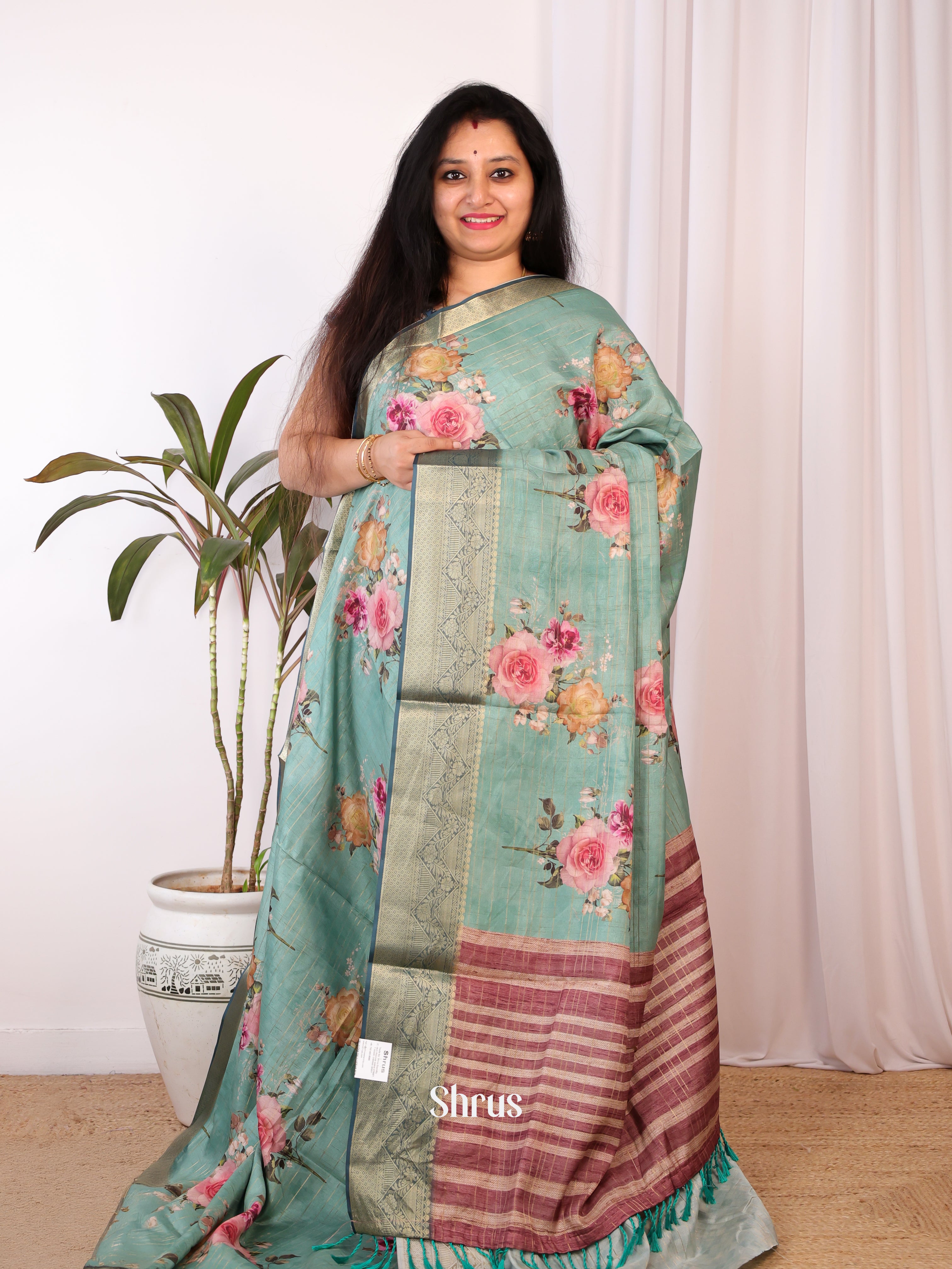 Green & Brown - Semi Chanderi Saree - Shop on Shrus.com