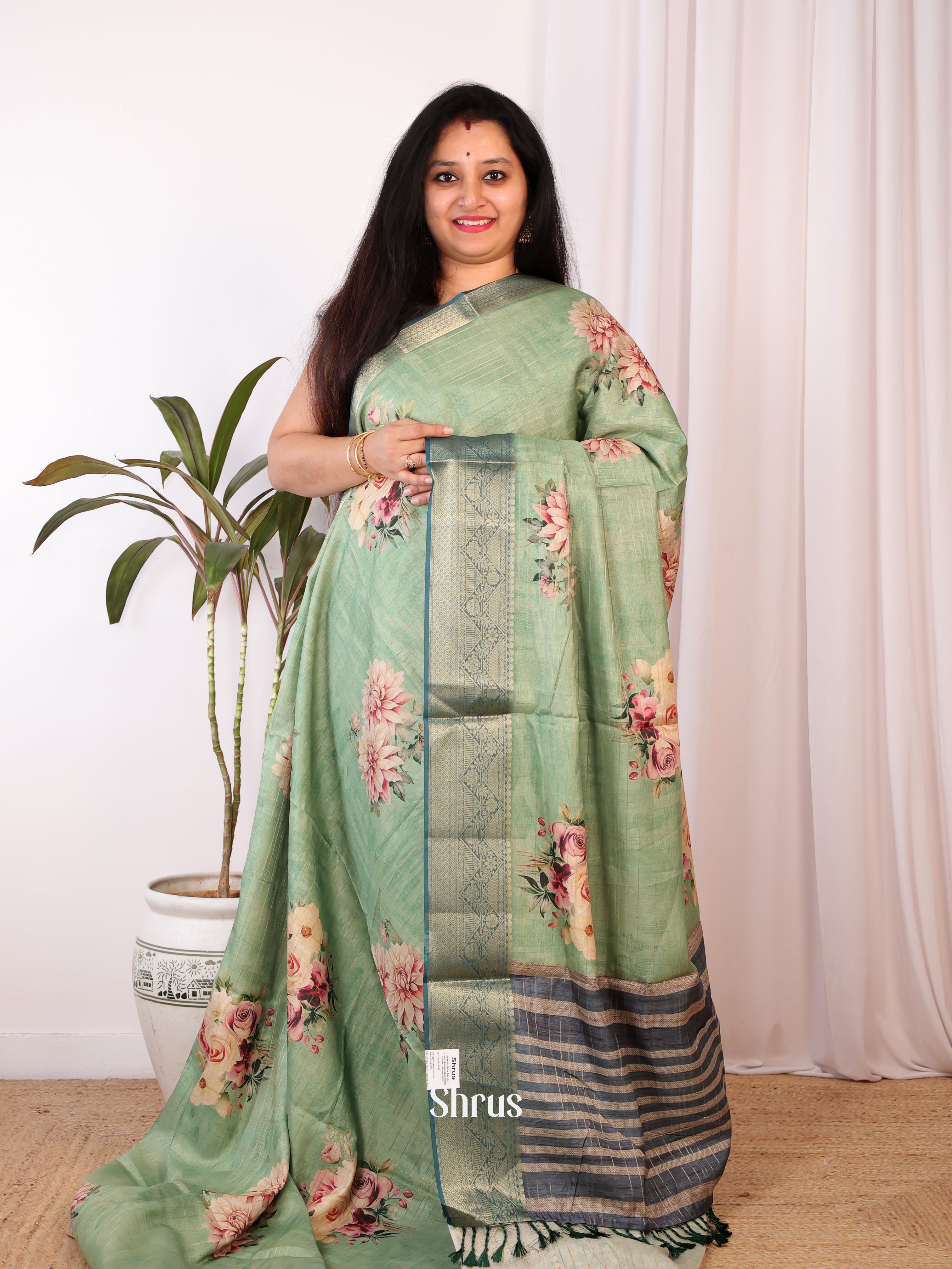 Green - Semi Chanderi Saree - Shop on Shrus.com