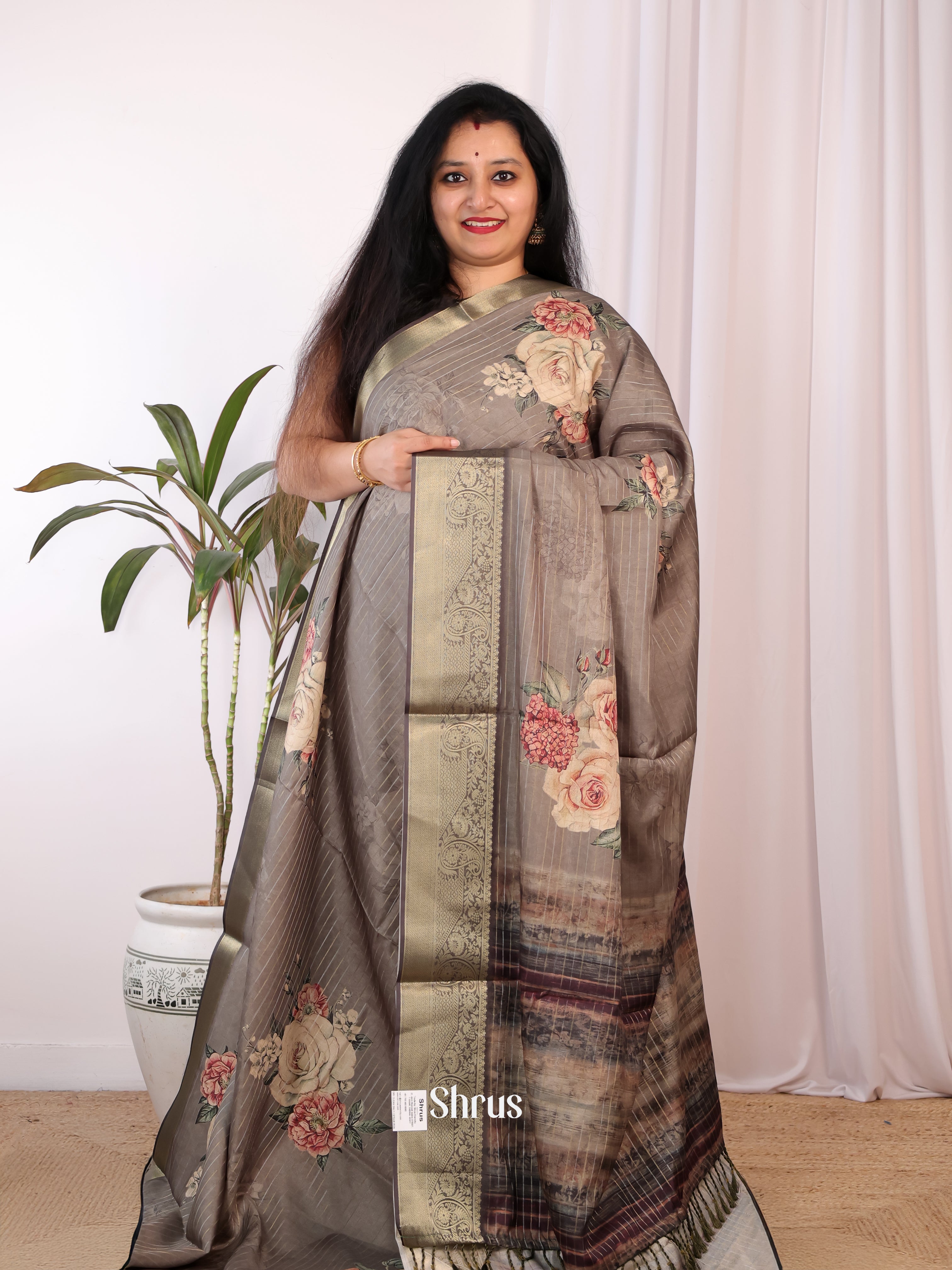 Grey- Semi Chanderi Saree - Shop on Shrus.com