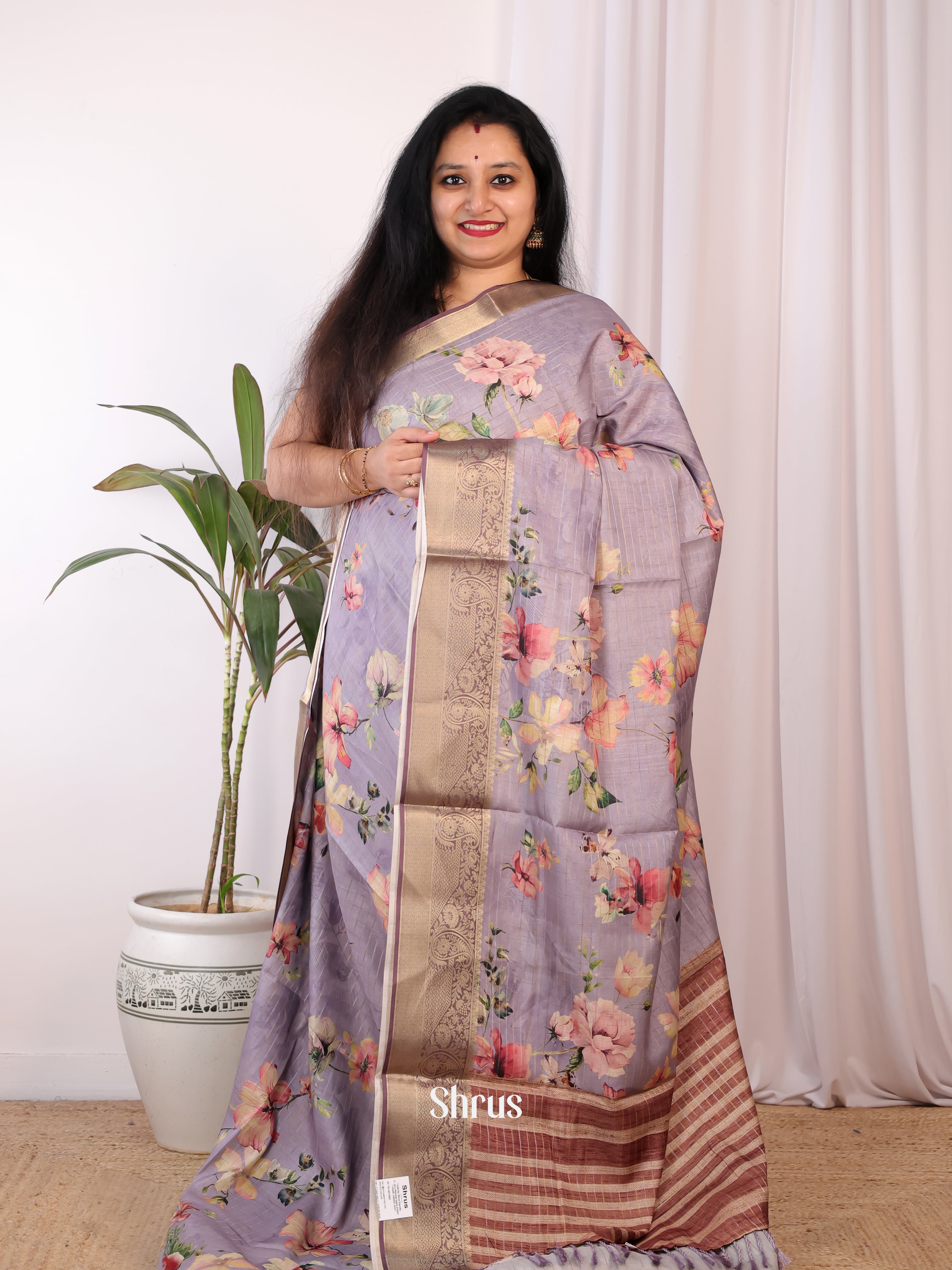 Lavender & Brown - Semi Chanderi Saree - Shop on Shrus.com