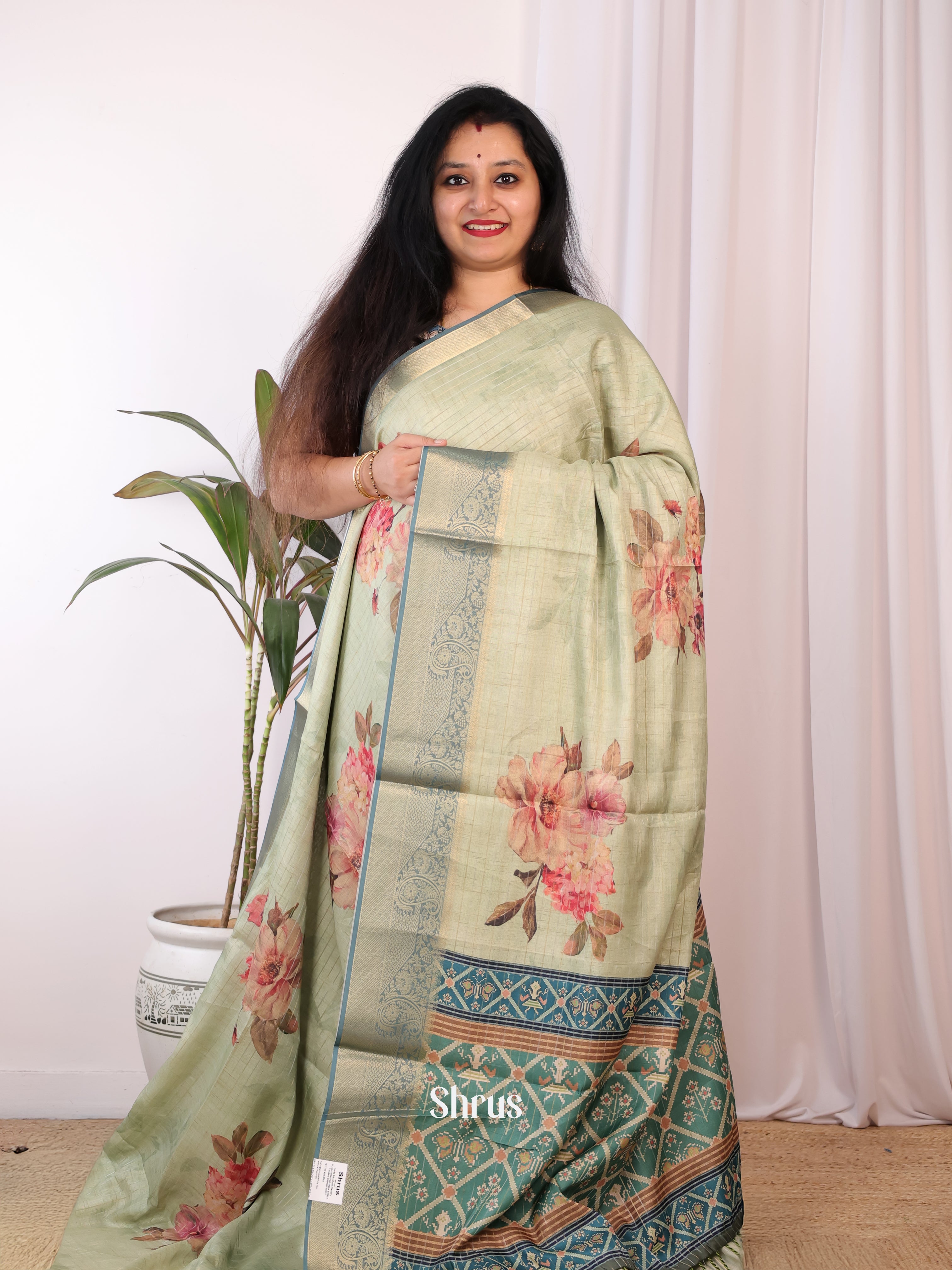 Lite Green - Semi Chanderi Saree - Shop on Shrus.com