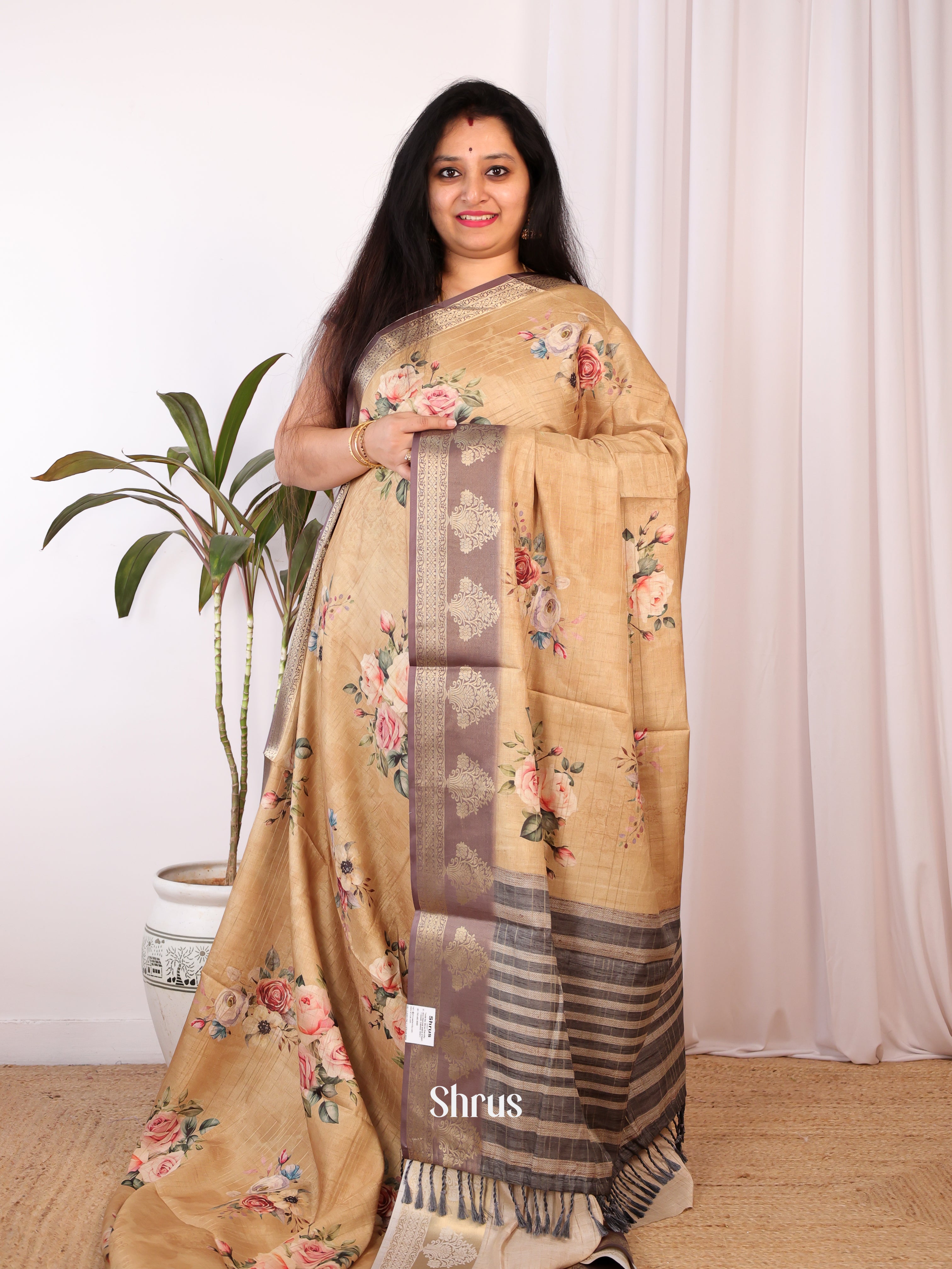 Beige & Mauve - Semi Chanderi Saree - Shop on Shrus.com