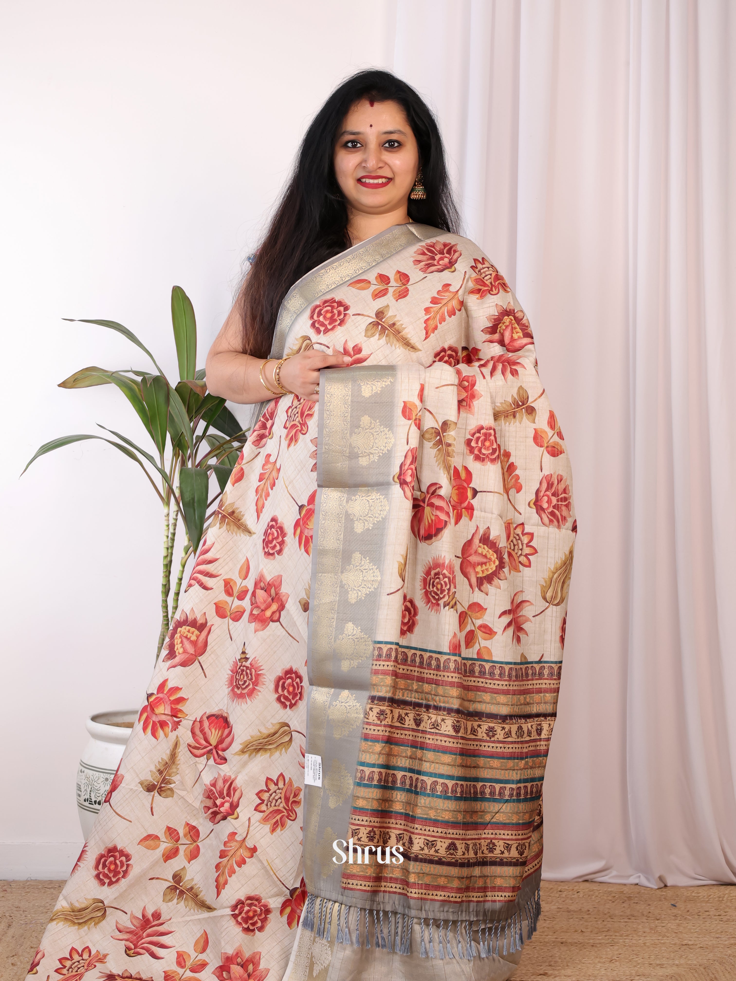 Cream & Grey - Semi Chanderi Saree - Shop on Shrus.com