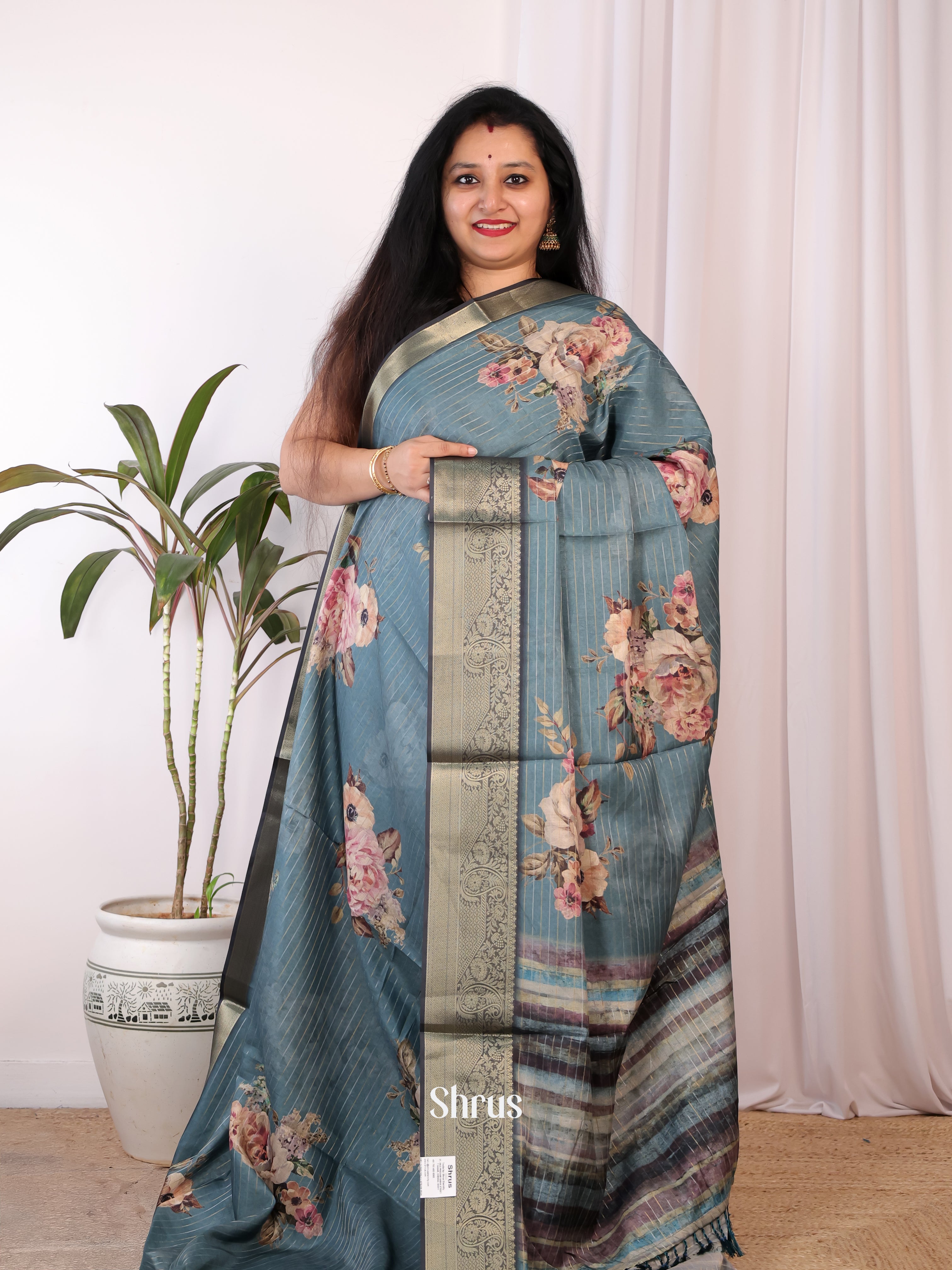 Blue - Semi Chanderi Saree - Shop on Shrus.com