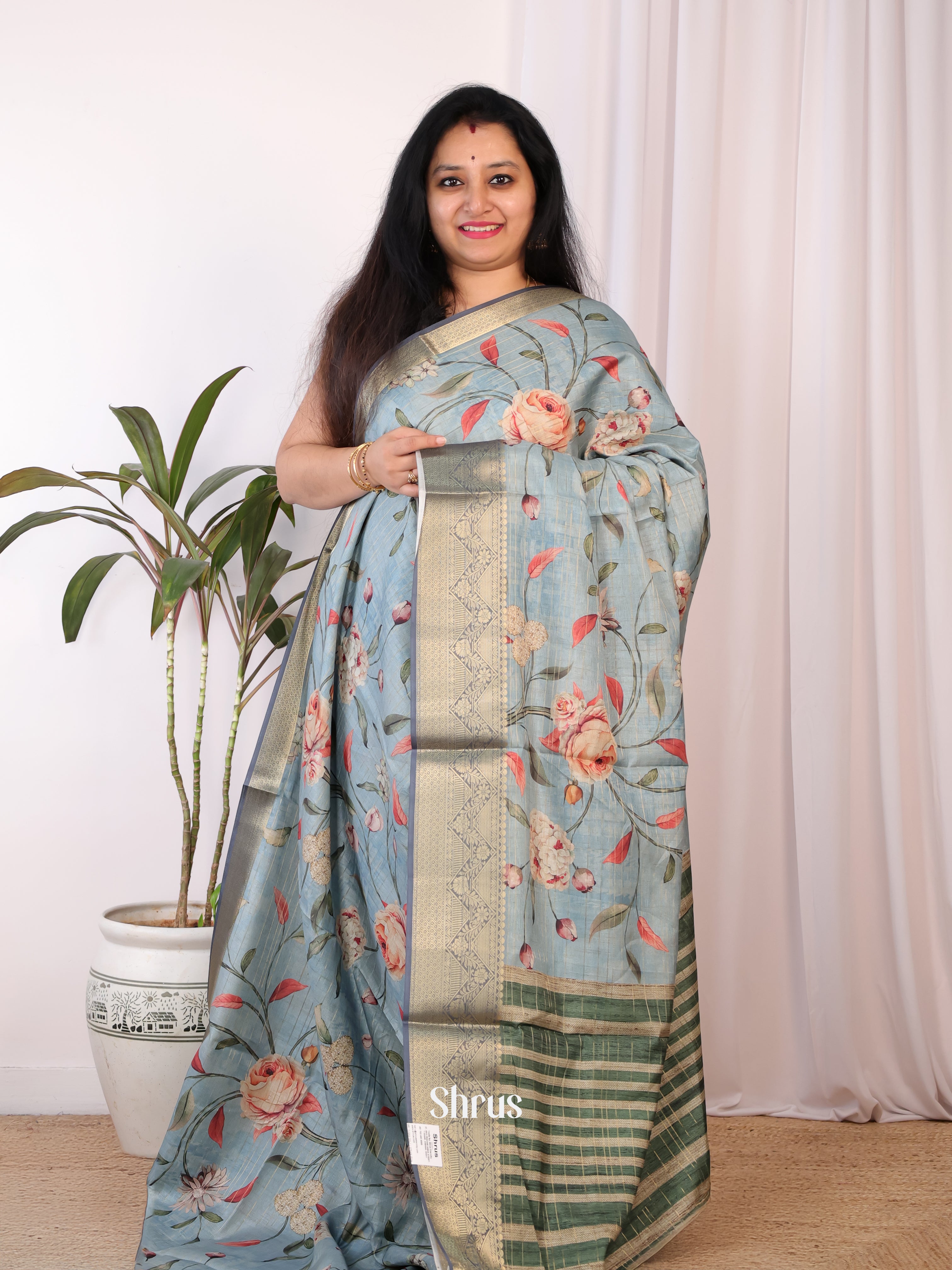 Blue & Green - Semi Chanderi Saree - Shop on Shrus.com