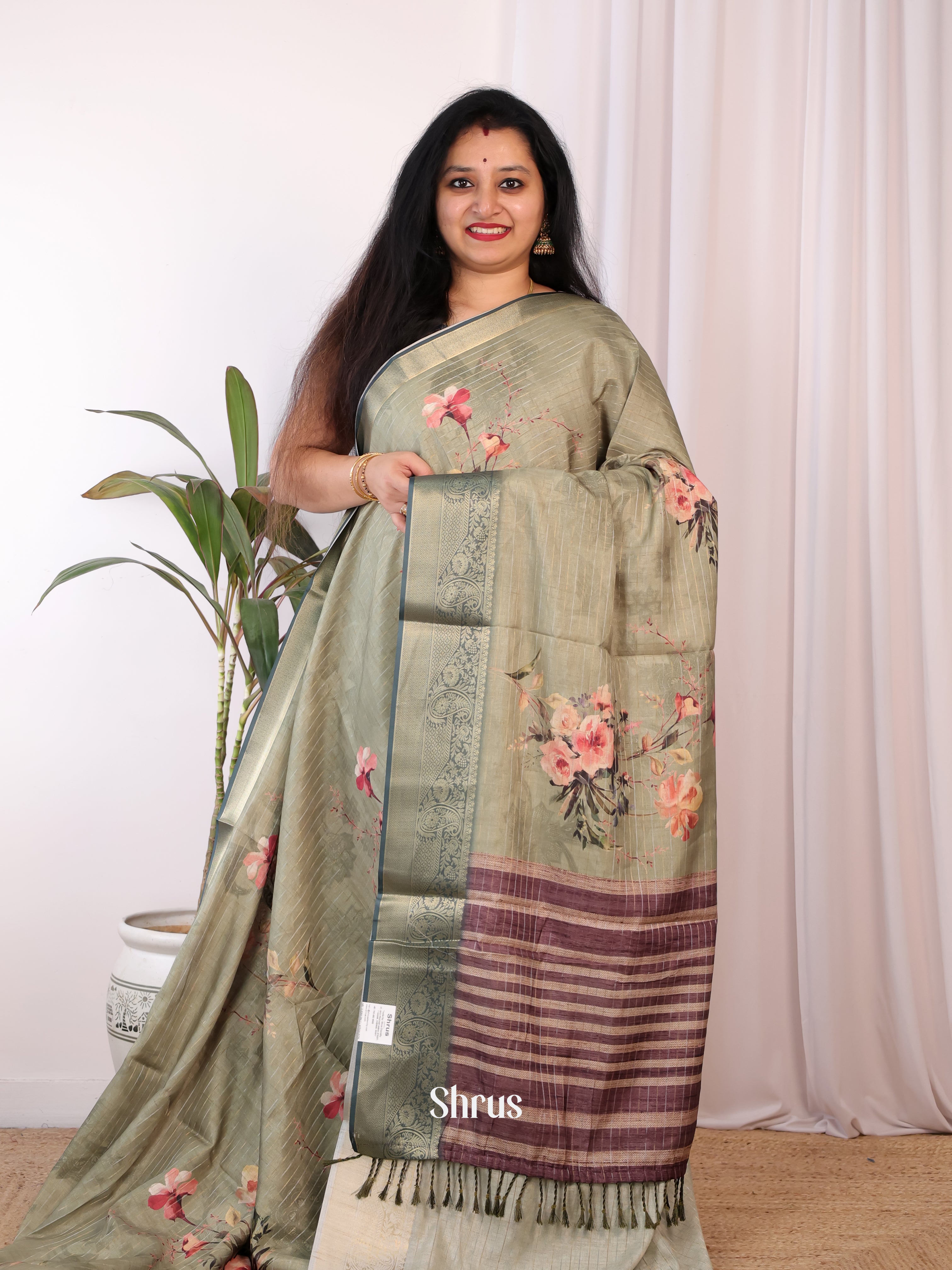 Lite Green & Brown - Semi Chanderi Saree - Shop on Shrus.com