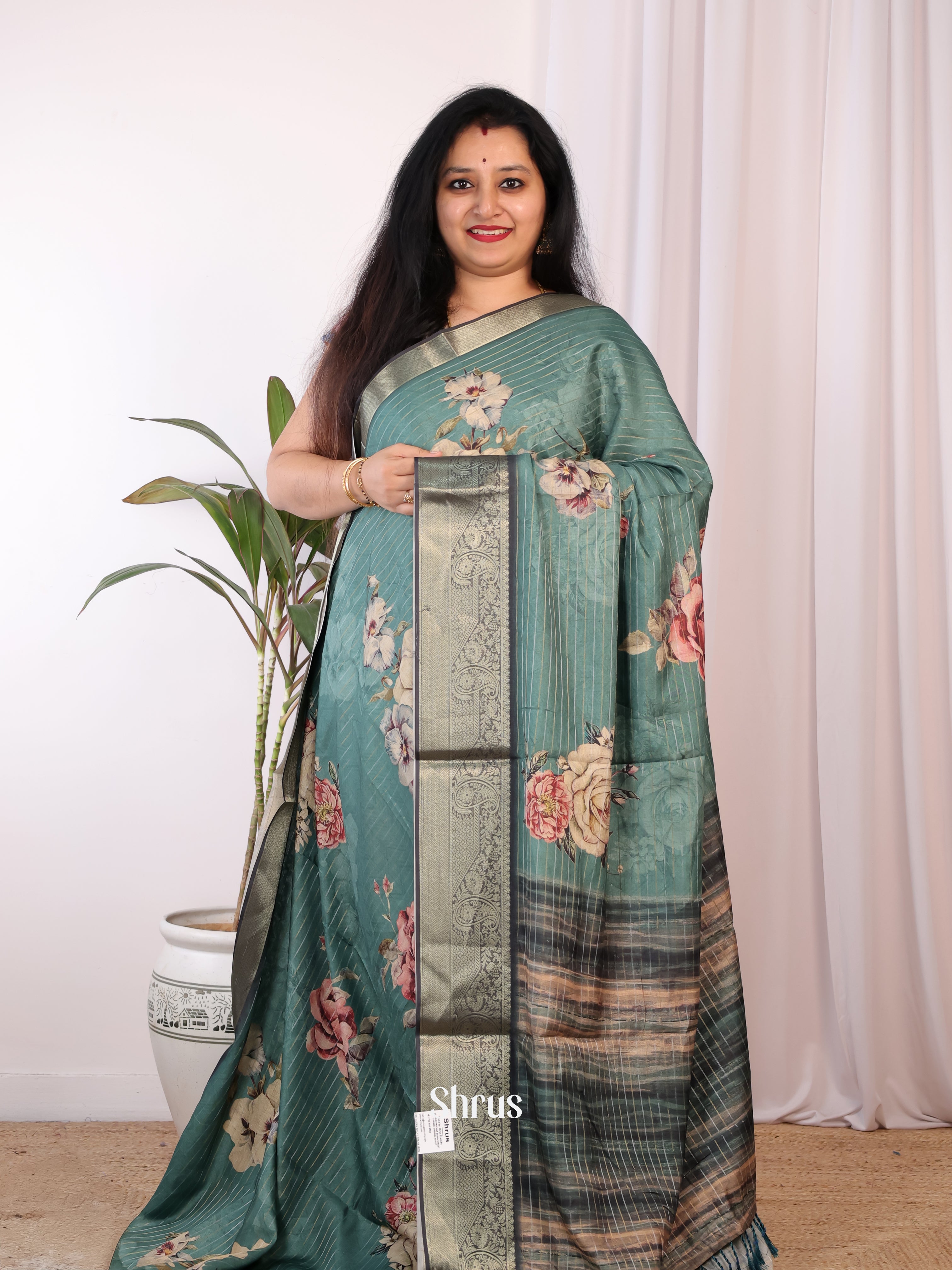 Green - Semi Chanderi Saree - Shop on Shrus.com