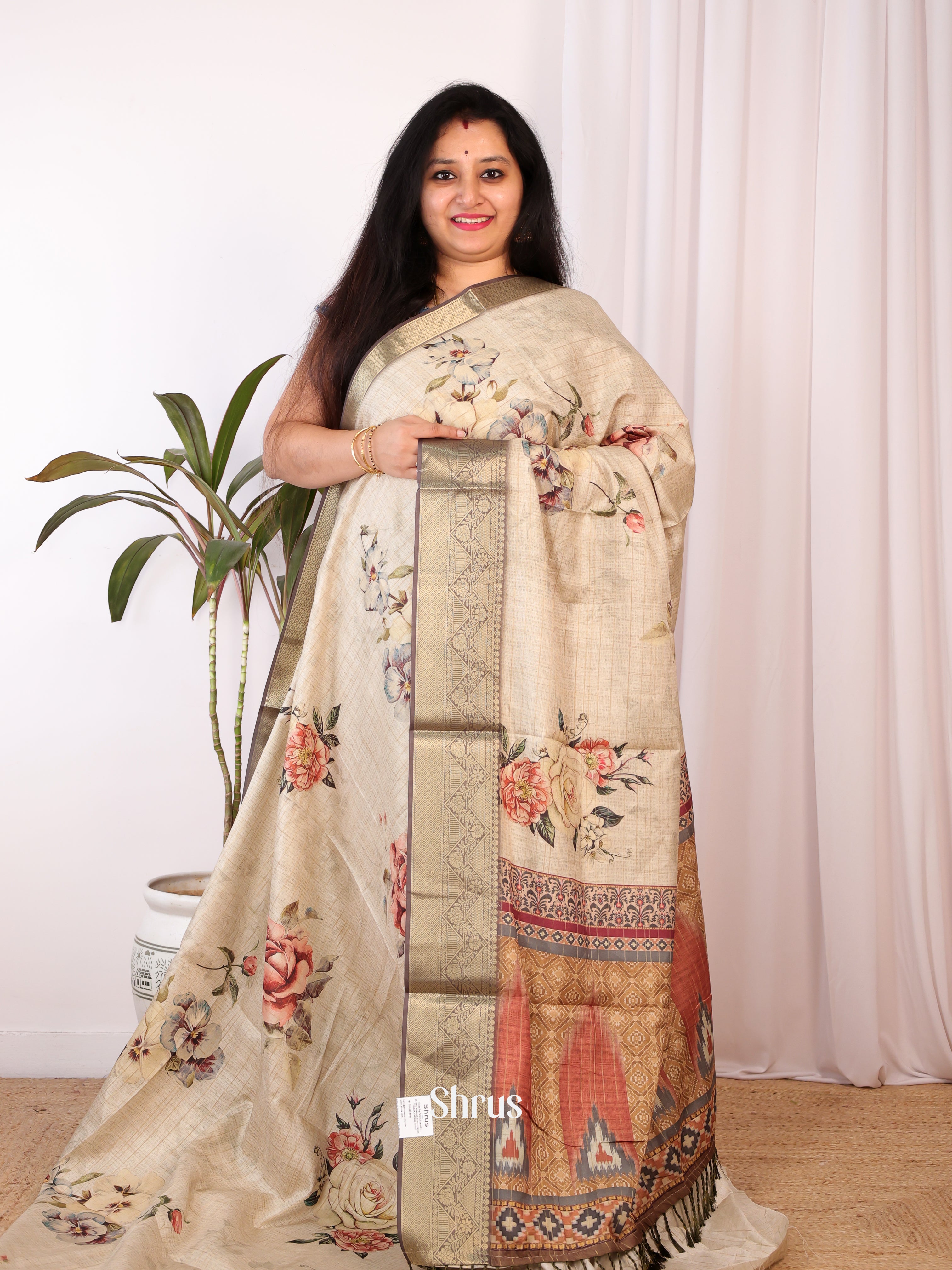 Cream & Grey - Semi Chanderi Saree - Shop on Shrus.com